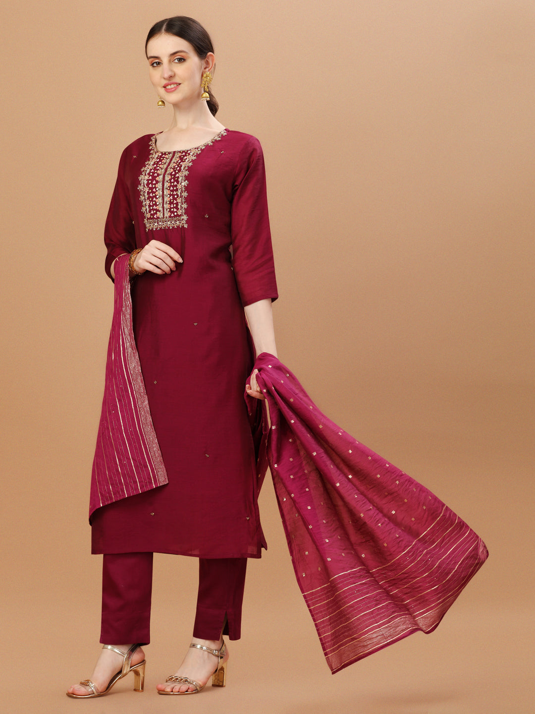 Hand Embroidered Wine Kurta with pant & dupatta