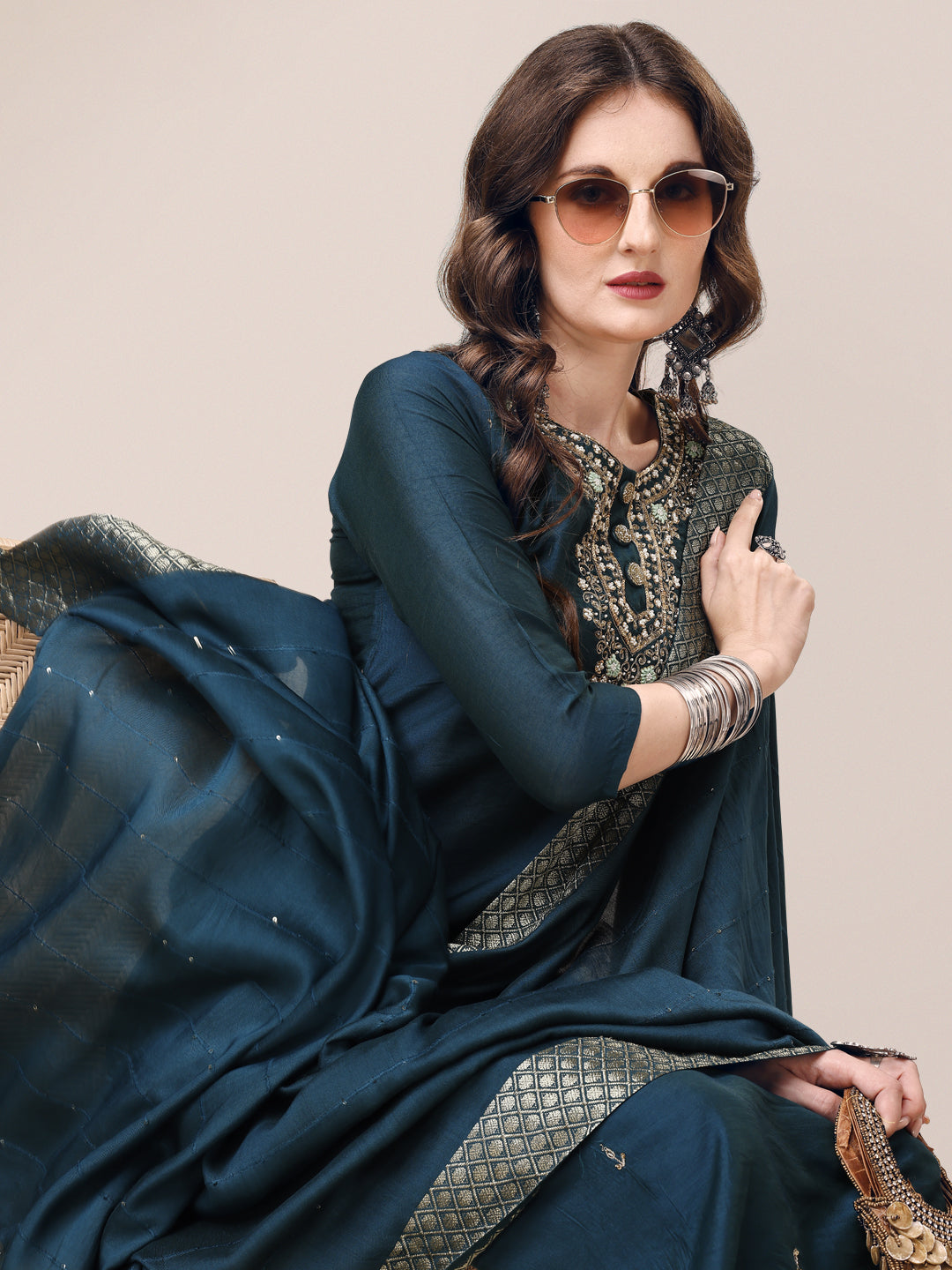 Hand Embroidered Button Embellished Kurta with pant and sequined dupatta