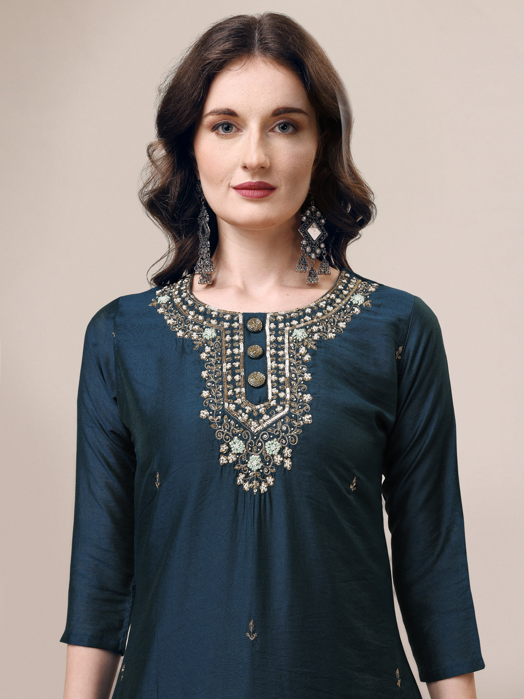 Hand Embroidered Button Embellished Kurta with pant and sequined dupatta