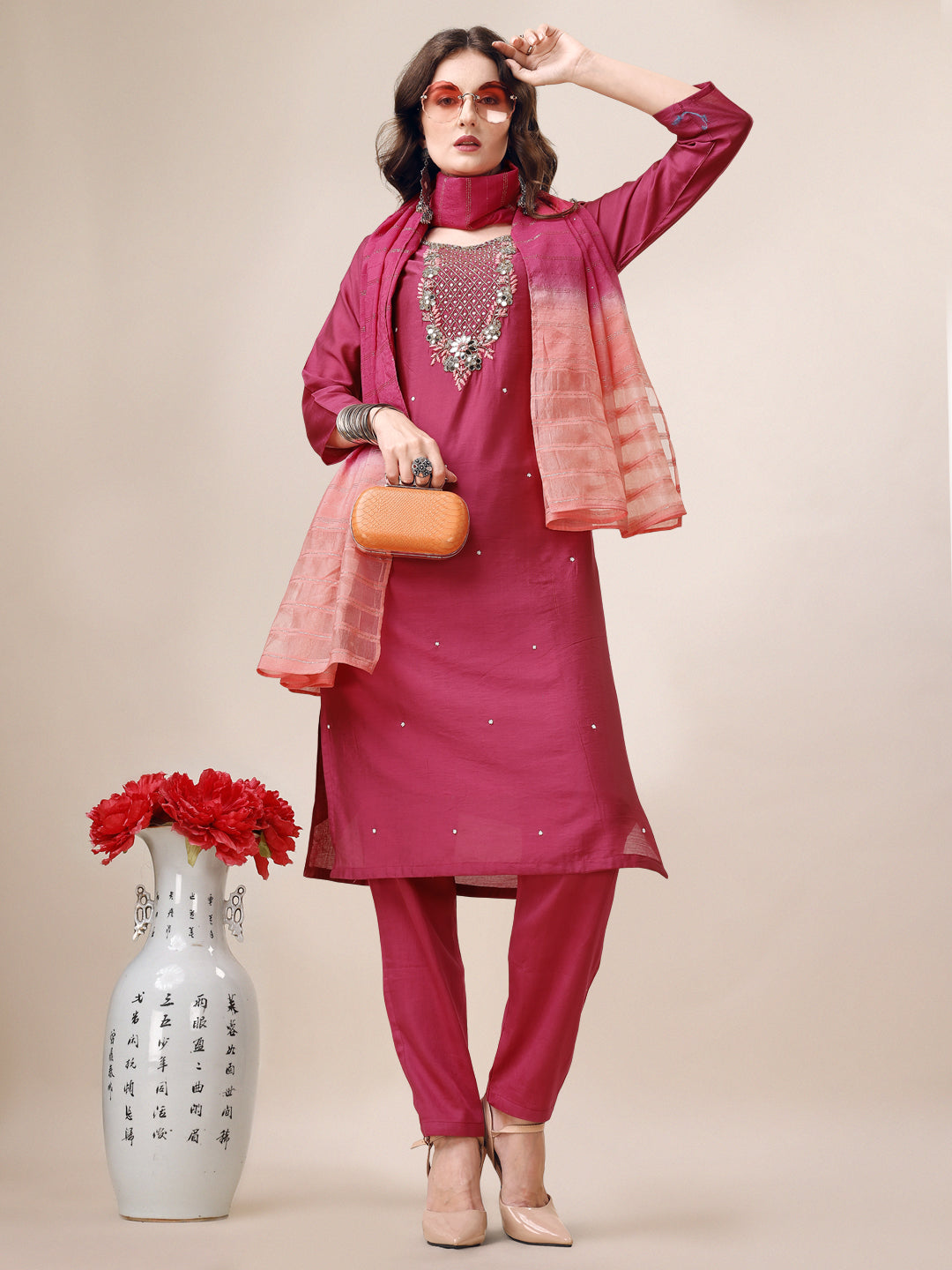 Hand Embroidered Mirror Detailed Kurta with pant & dupatta