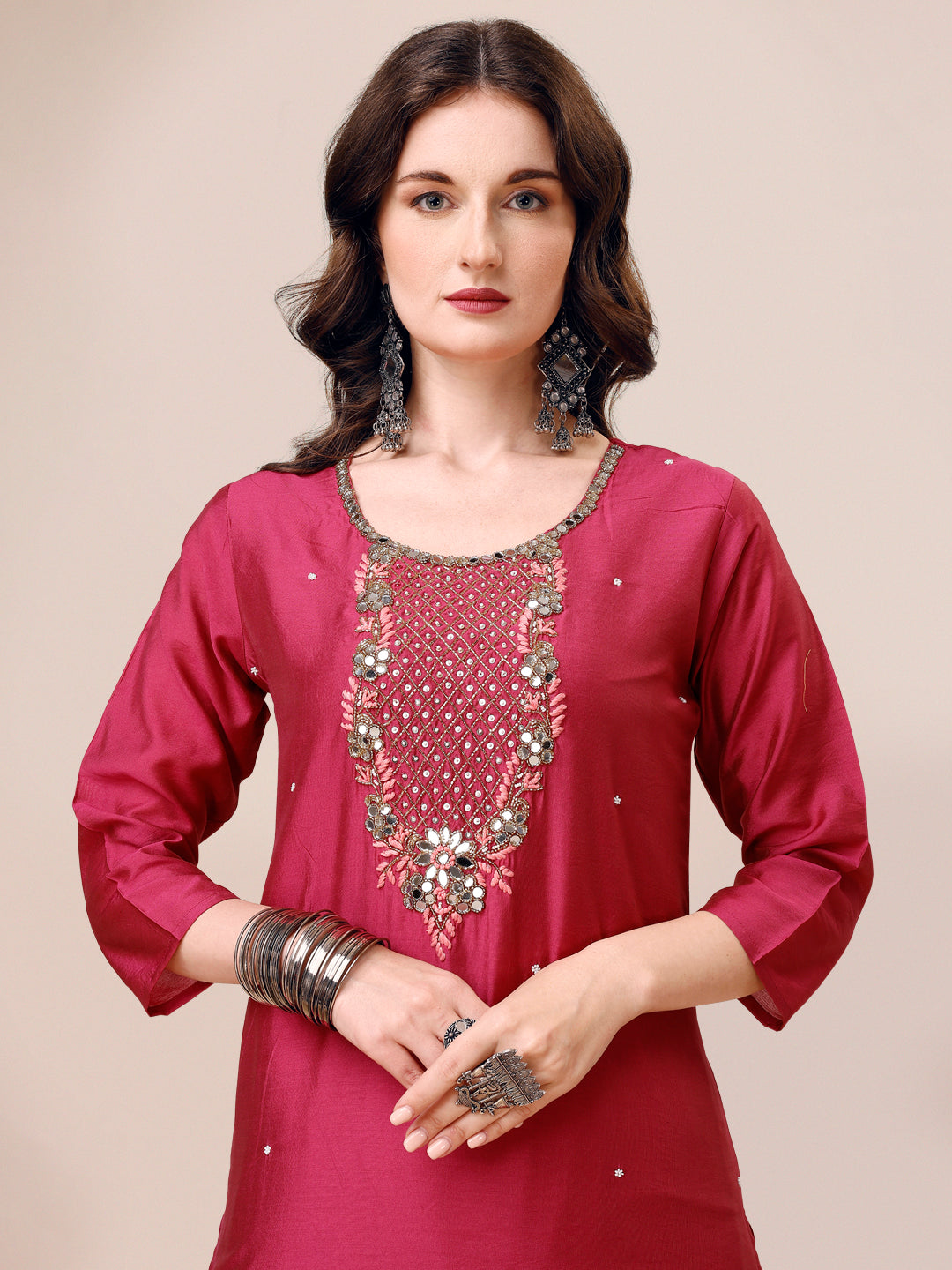 Hand Embroidered Mirror Detailed Kurta with pant & dupatta