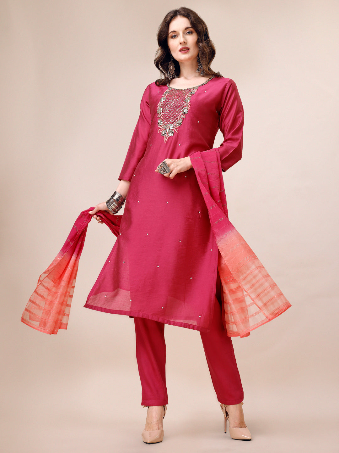 Hand Embroidered Mirror Detailed Kurta with pant & dupatta