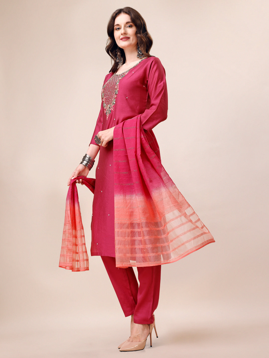 Hand Embroidered Mirror Detailed Kurta with pant & dupatta