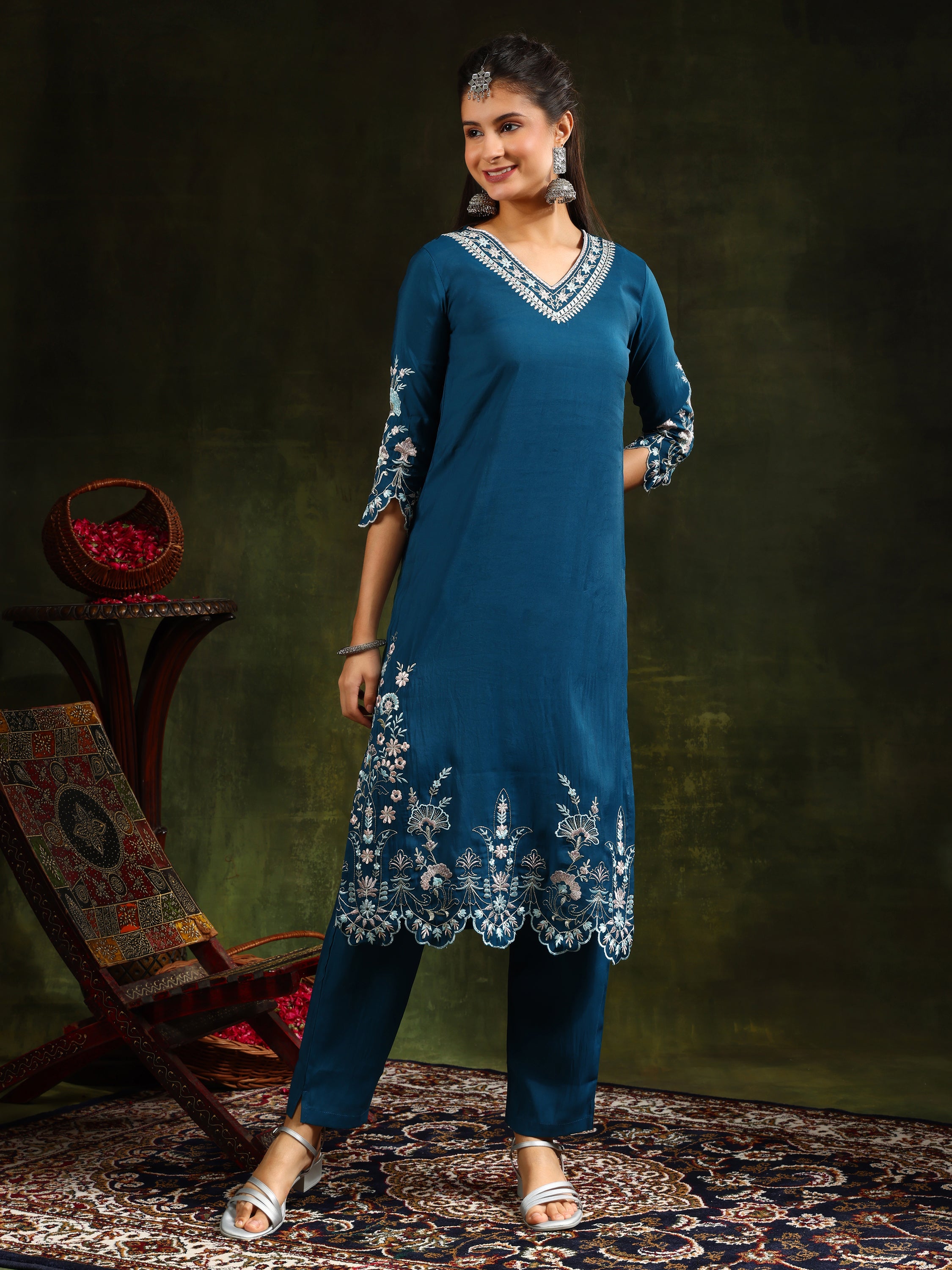 Hem & Yoke Embroidered Kurta with Pant & lace taping net Dupatta