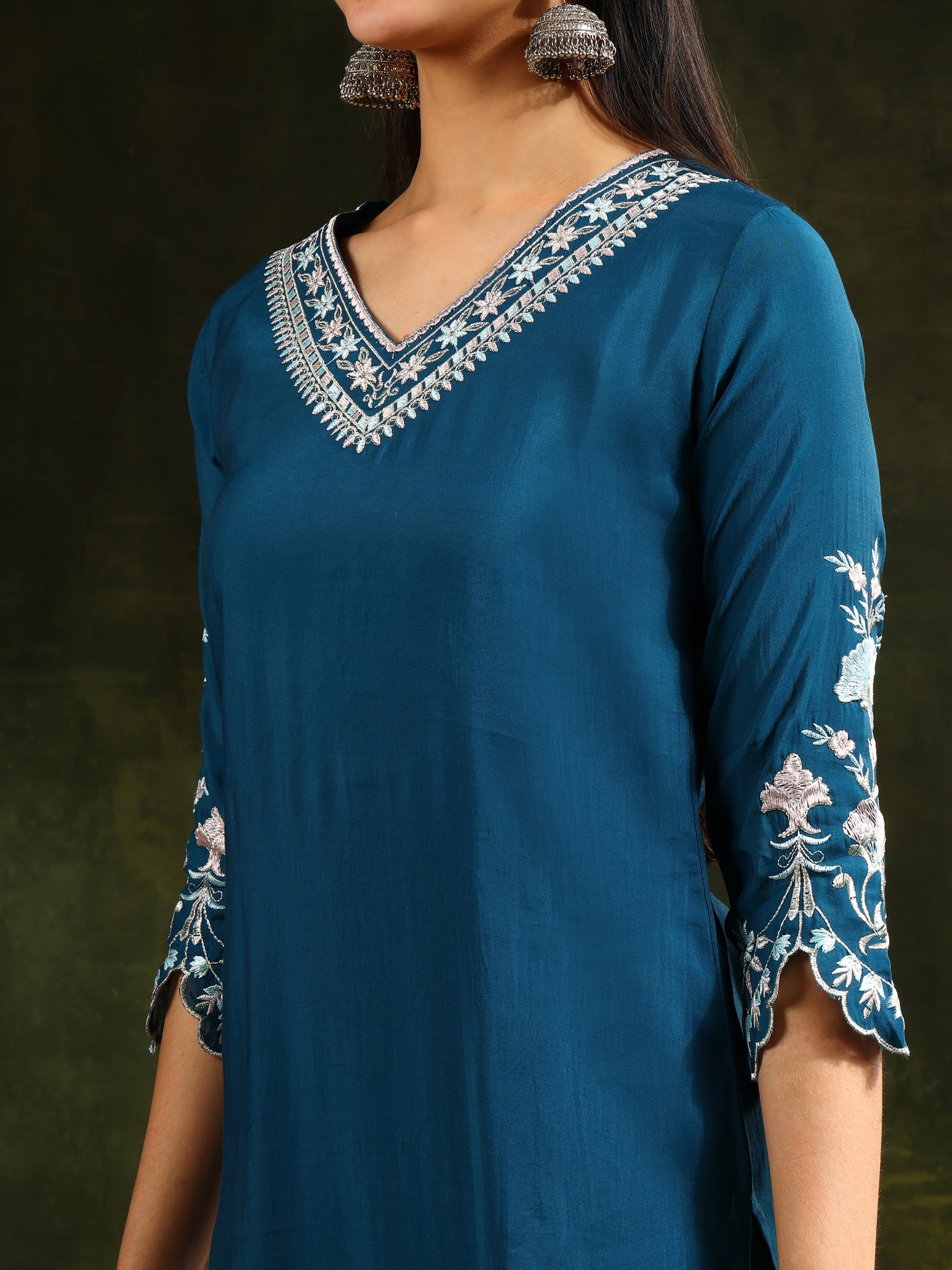 Hem & Yoke Embroidered Kurta with Pant & lace taping net Dupatta