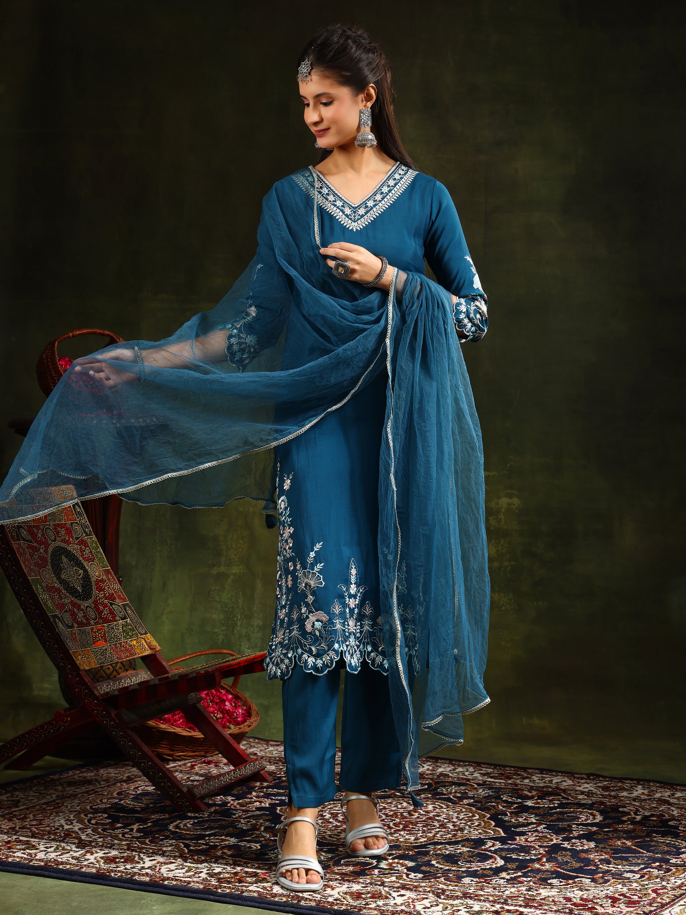 Hem & Yoke Embroidered Kurta with Pant & lace taping net Dupatta