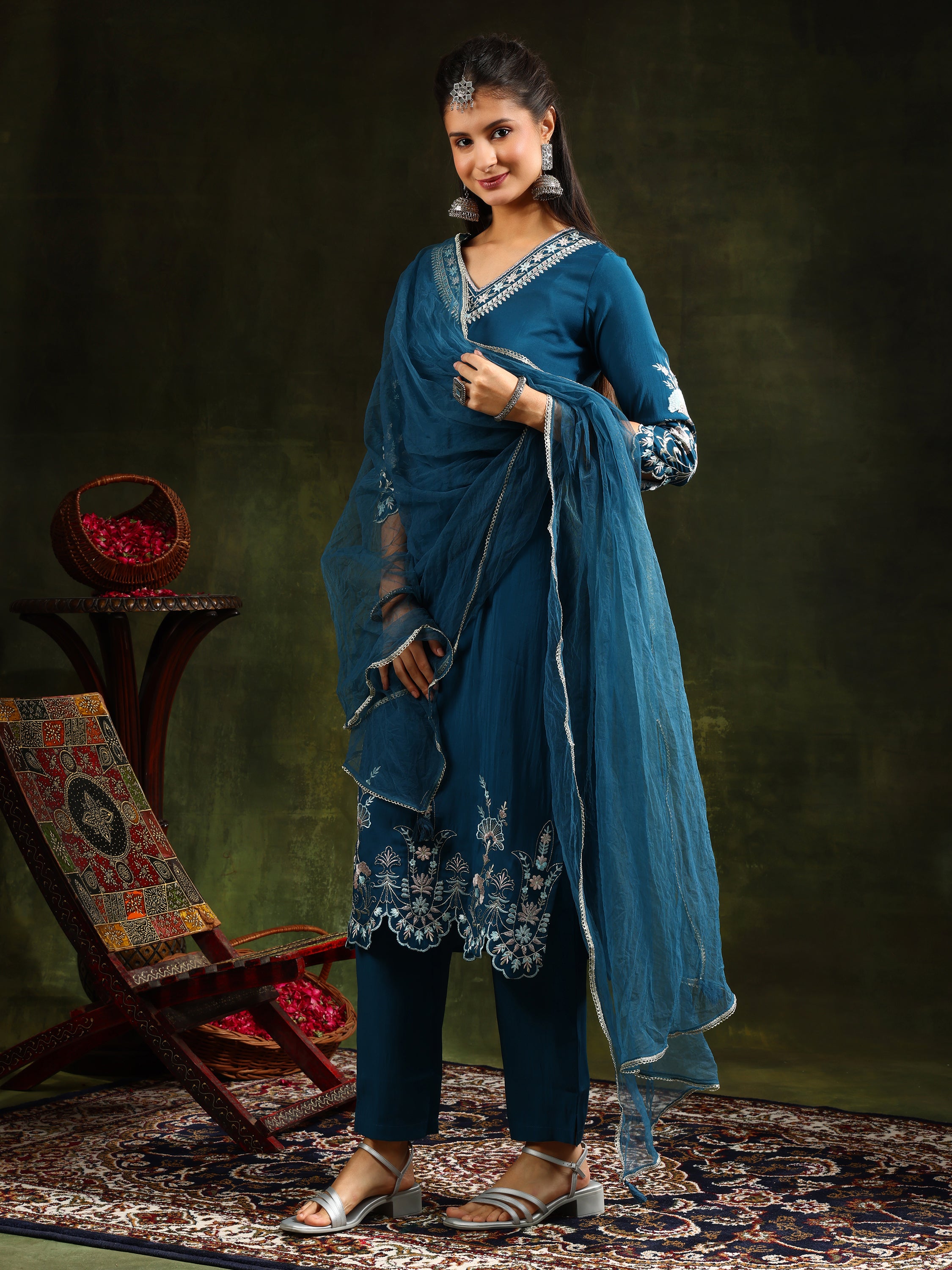 Hem & Yoke Embroidered Kurta with Pant & lace taping net Dupatta