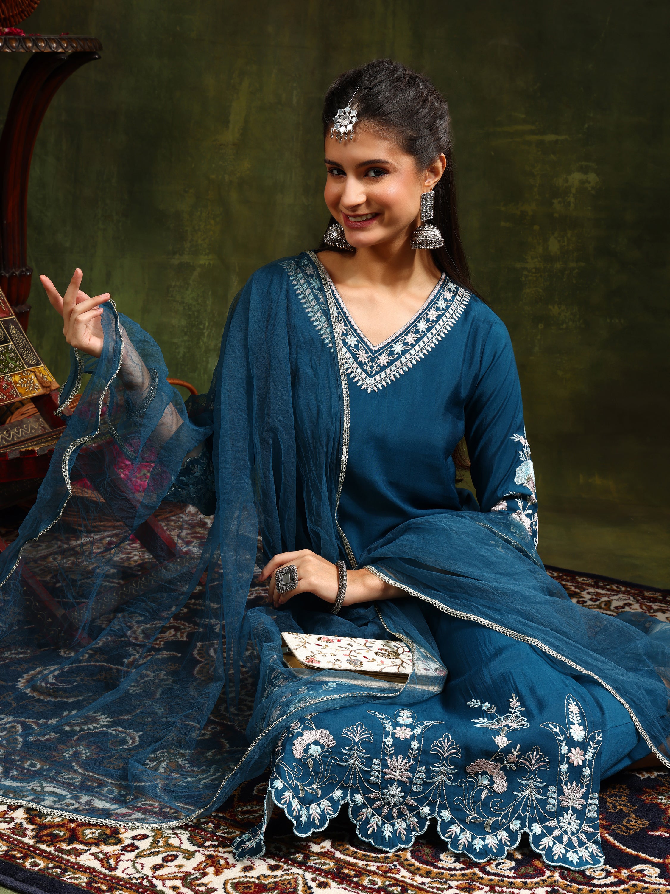 Hem & Yoke Embroidered Kurta with Pant & lace taping net Dupatta