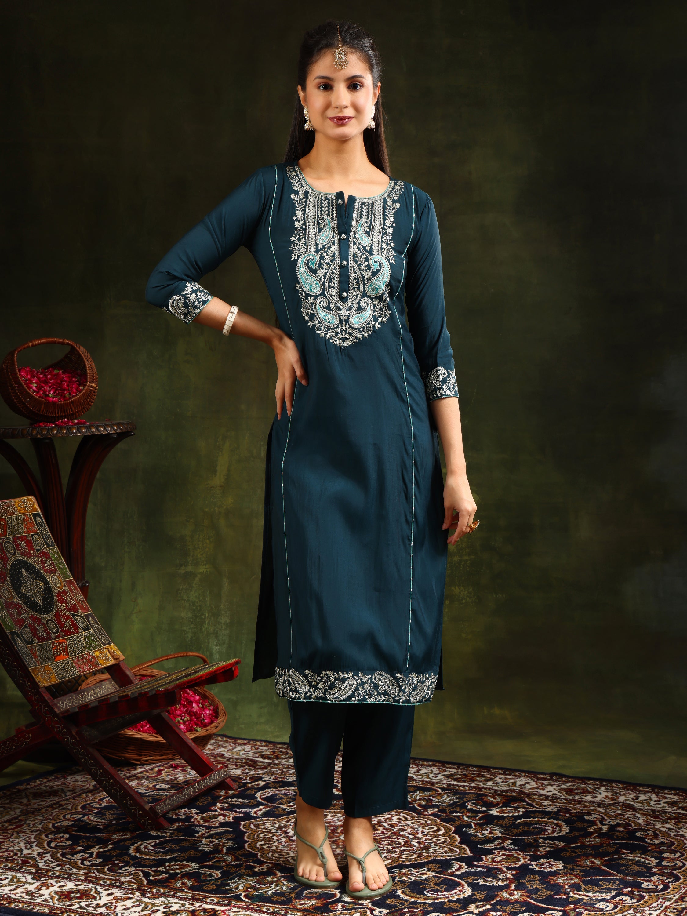 Hem & Yoke Embroidered Kurta with Pant & lace taping net Dupatta