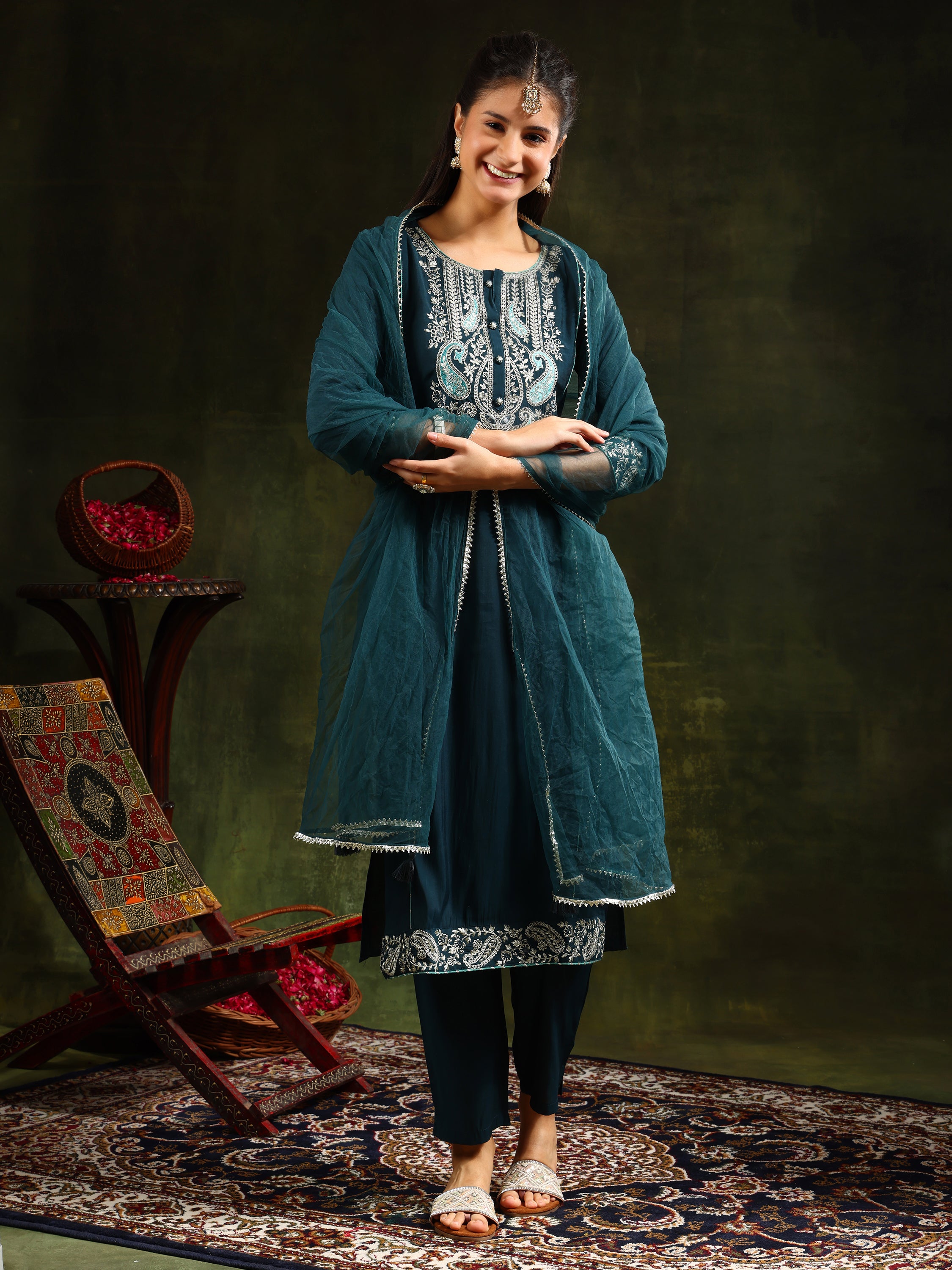 Hem & Yoke Embroidered Kurta with Pant & lace taping net Dupatta