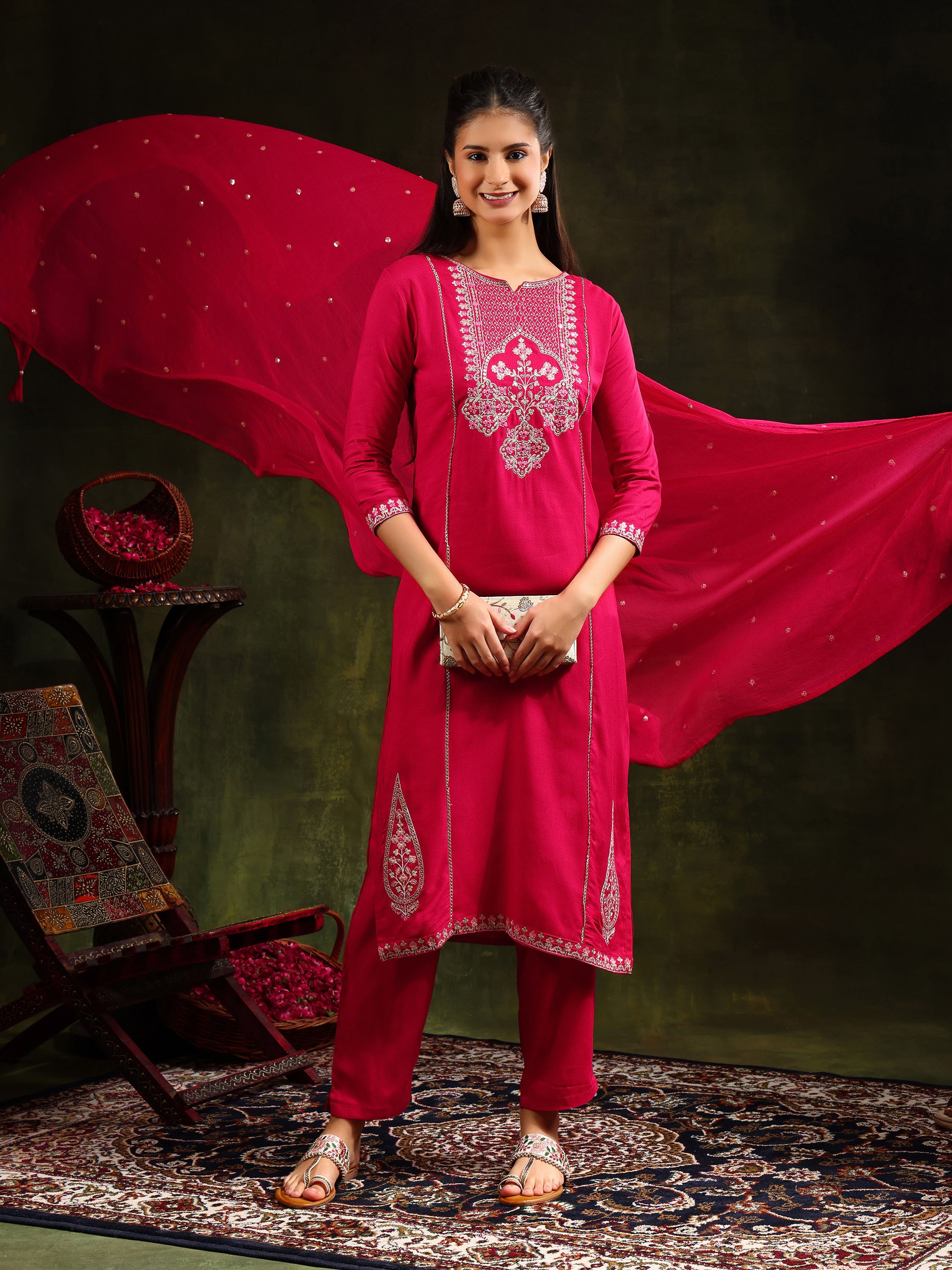 Mirror Embroidered Kurta with pant & Sequined Embroidered Dupatta