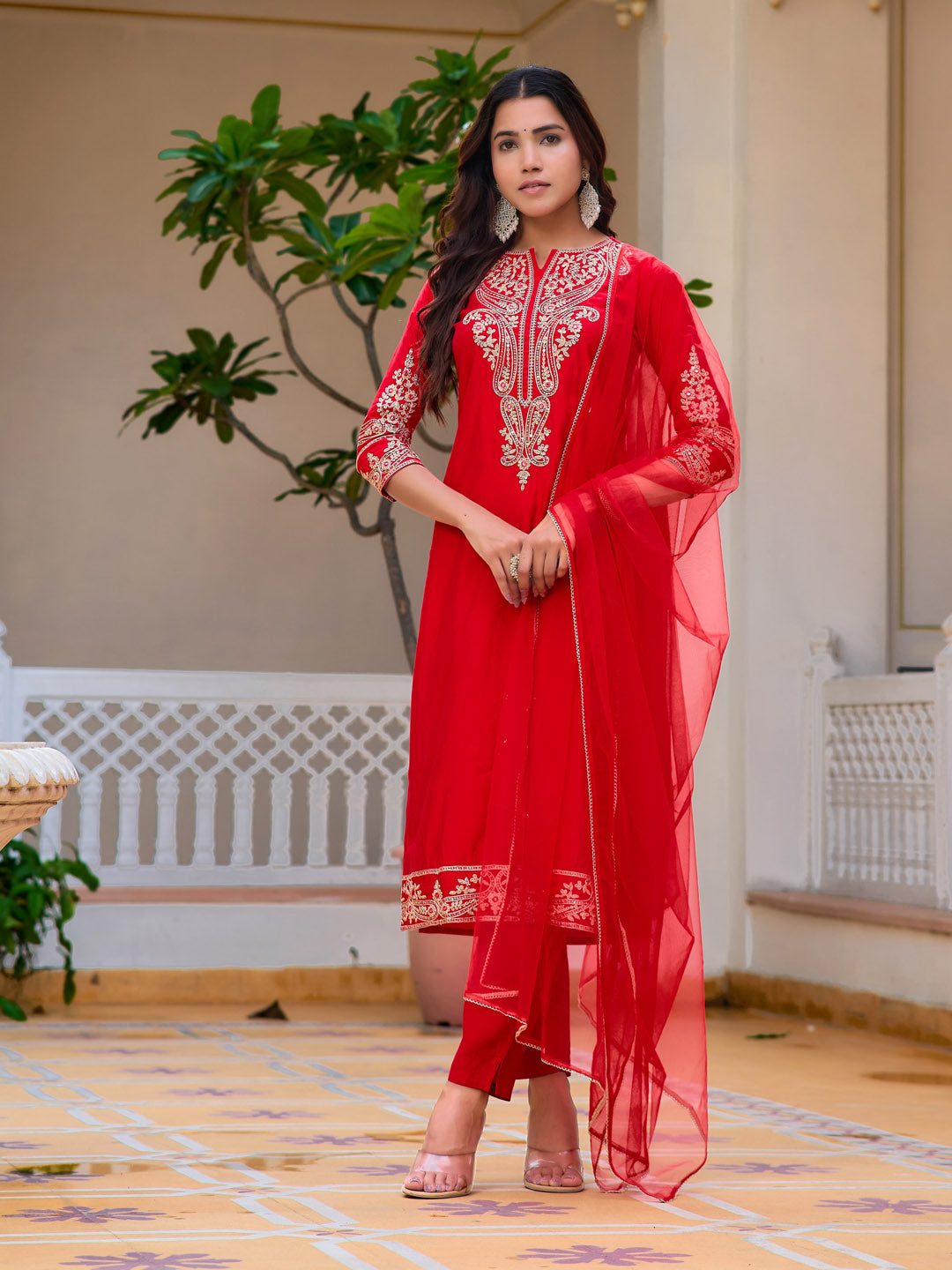 Sequined & zari Embroidered Kurta with pant & Net Dupatta