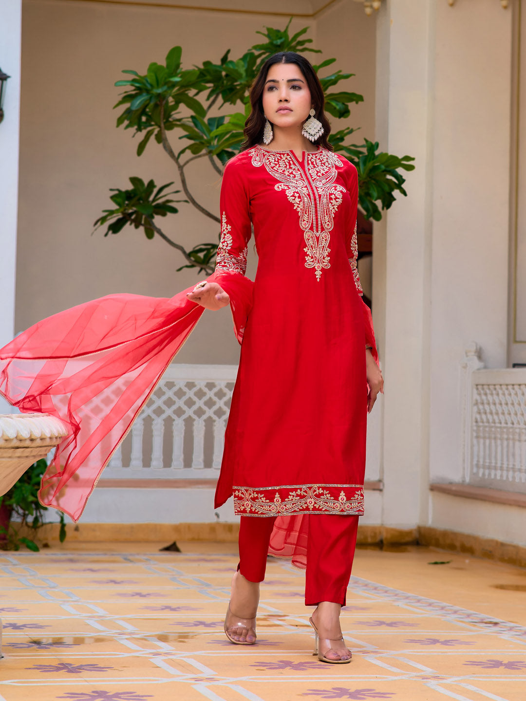 Sequined & zari Embroidered Kurta with pant & Net Dupatta