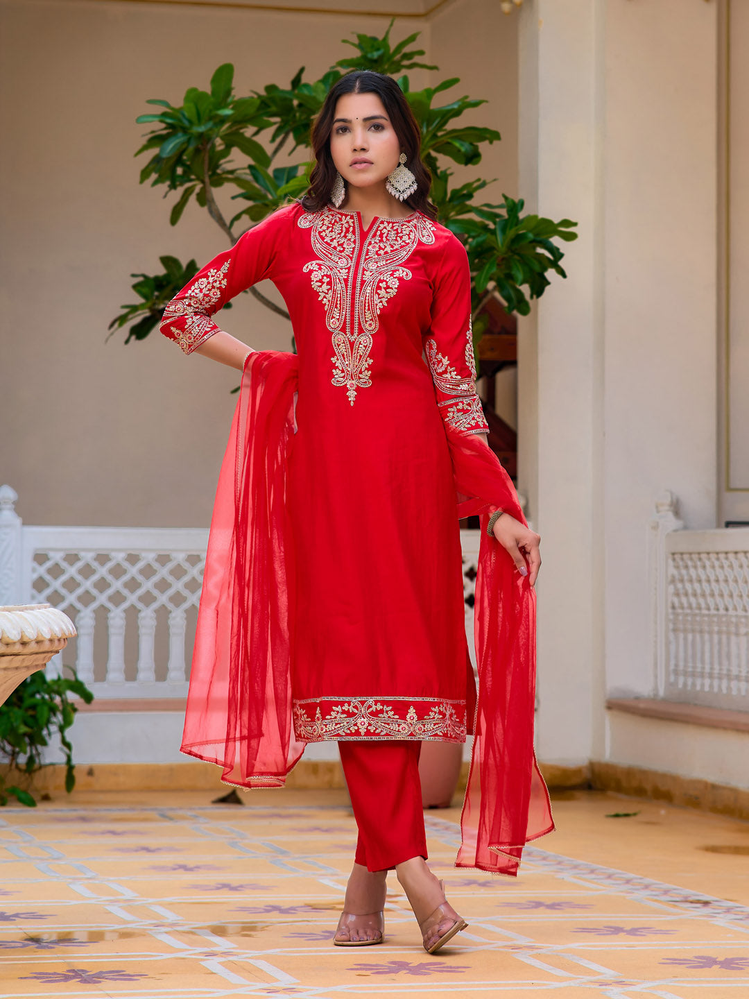 Sequined & zari Embroidered Kurta with pant & Net Dupatta