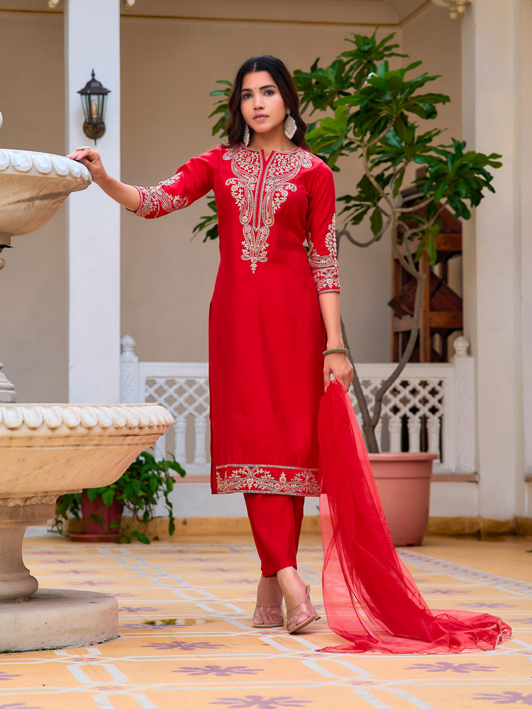 Sequined & zari Embroidered Kurta with pant & Net Dupatta