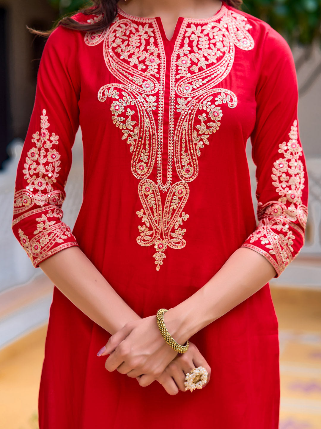 Sequined & zari Embroidered Kurta with pant & Net Dupatta