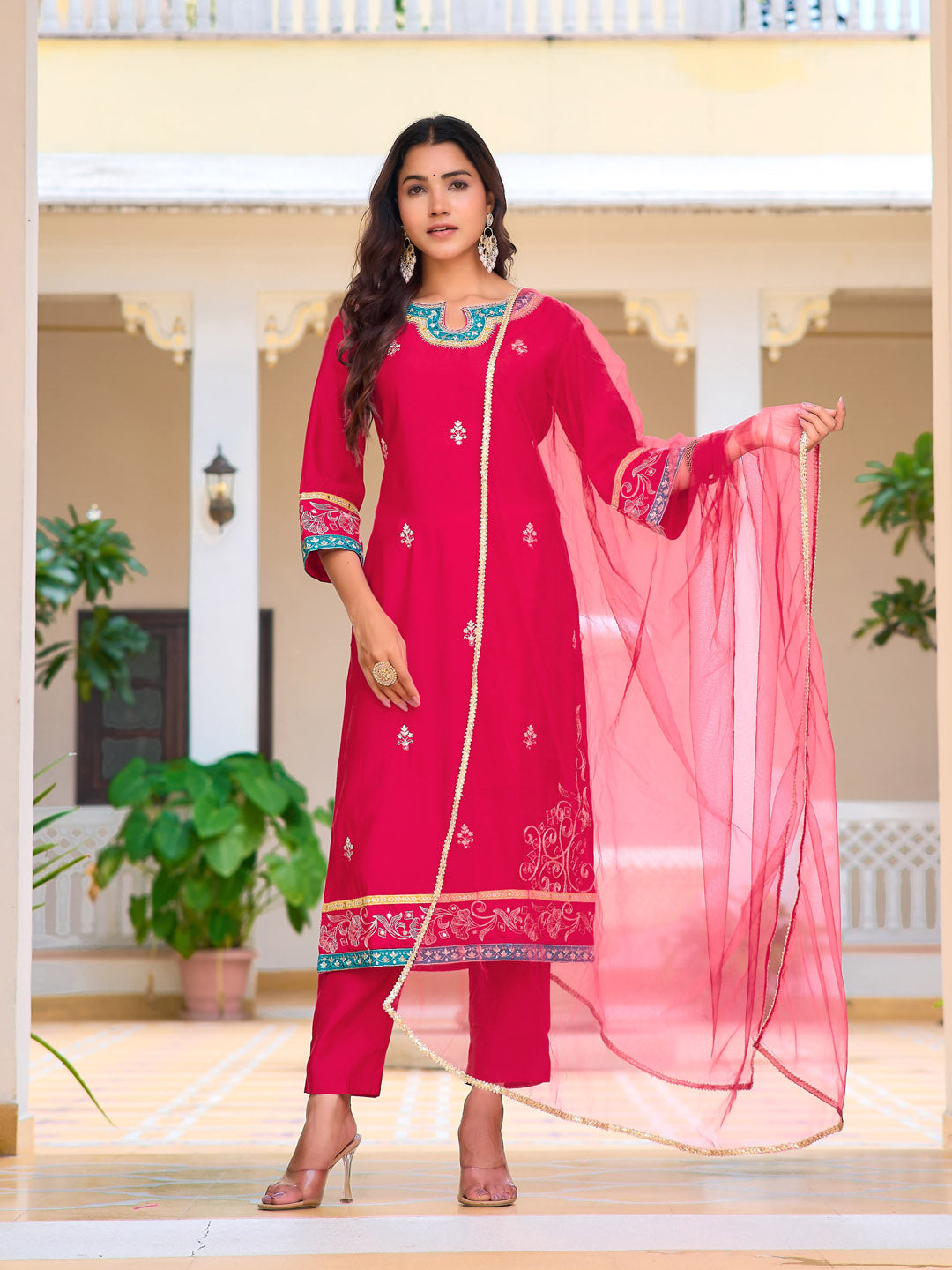 Embroidered Kurta with pant & Lace Dupatta