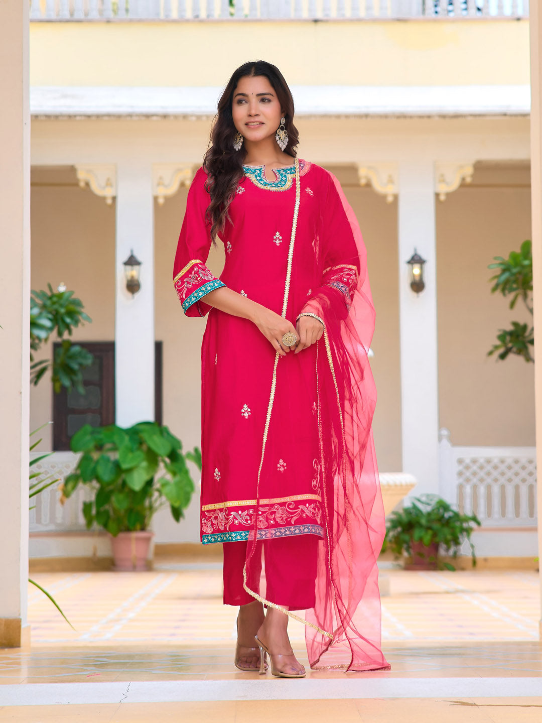 Embroidered Kurta with pant & Lace Dupatta