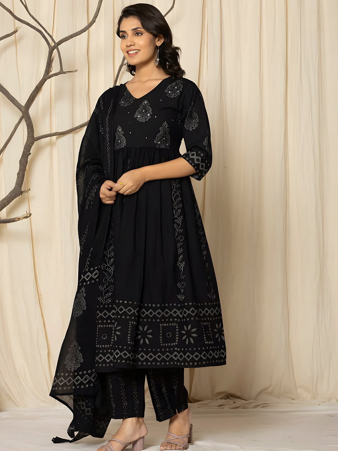 Printed Cotton Anarkali Kurta with pant & Dupatta