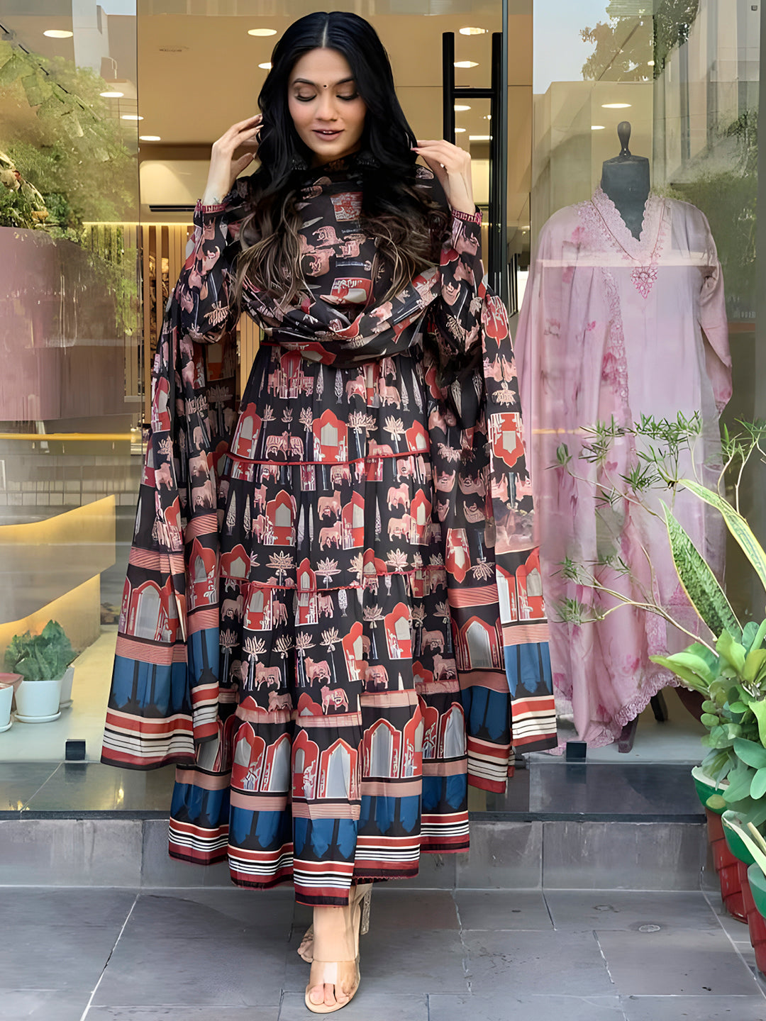 Printed Designer Neck flared anarkali kurta with pant & Dupatta