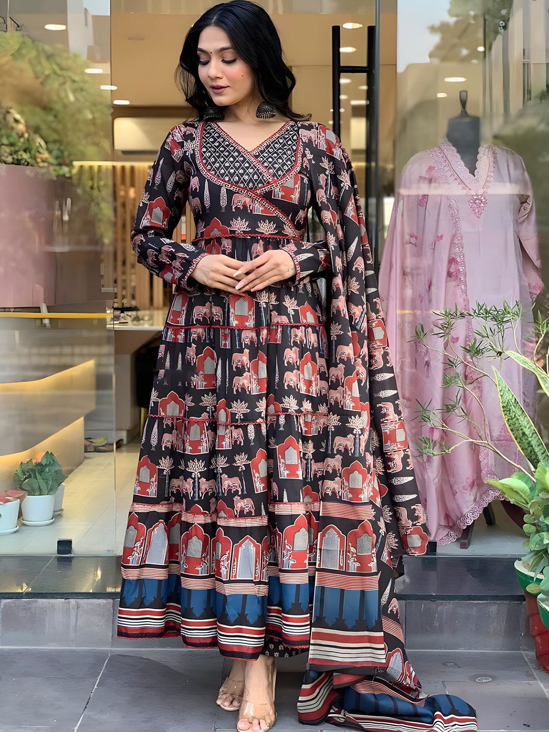 Printed Designer Neck flared anarkali kurta with pant & Dupatta