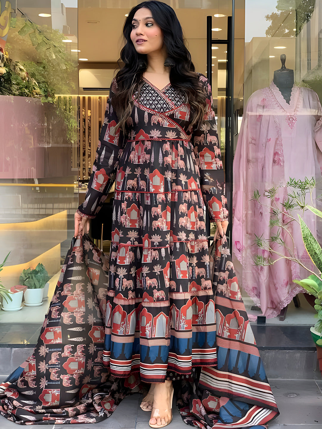 Printed Designer Neck flared anarkali kurta with pant & Dupatta