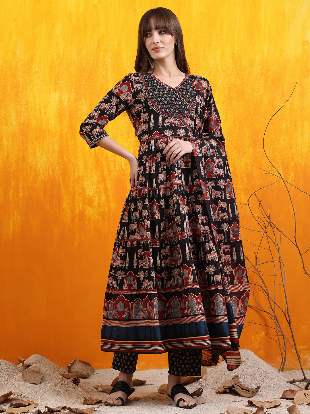 Printed Designer Neck flared anarkali kurta with pant & Dupatta