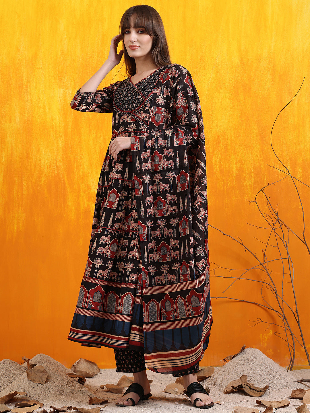 Printed Designer Neck flared anarkali kurta with pant & Dupatta