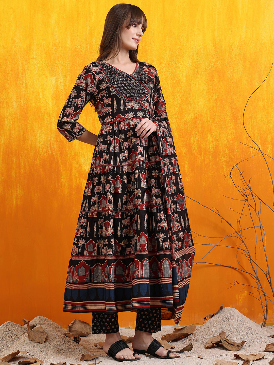 Printed Designer Neck flared anarkali kurta with pant & Dupatta