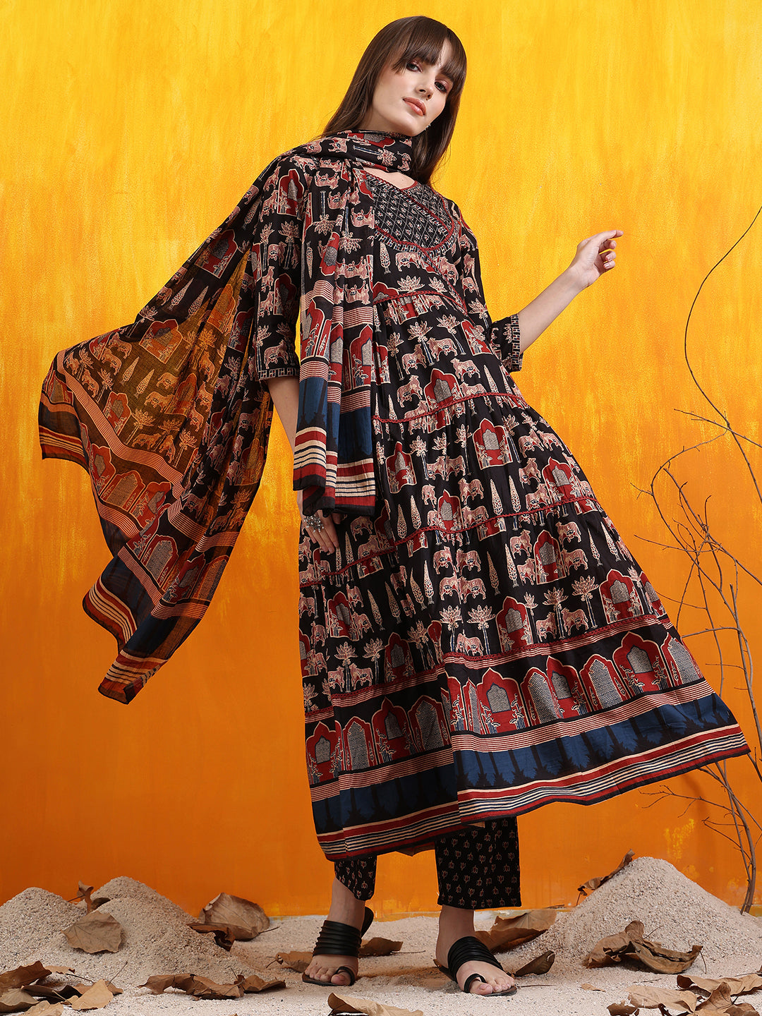 Printed Designer Neck flared anarkali kurta with pant & Dupatta