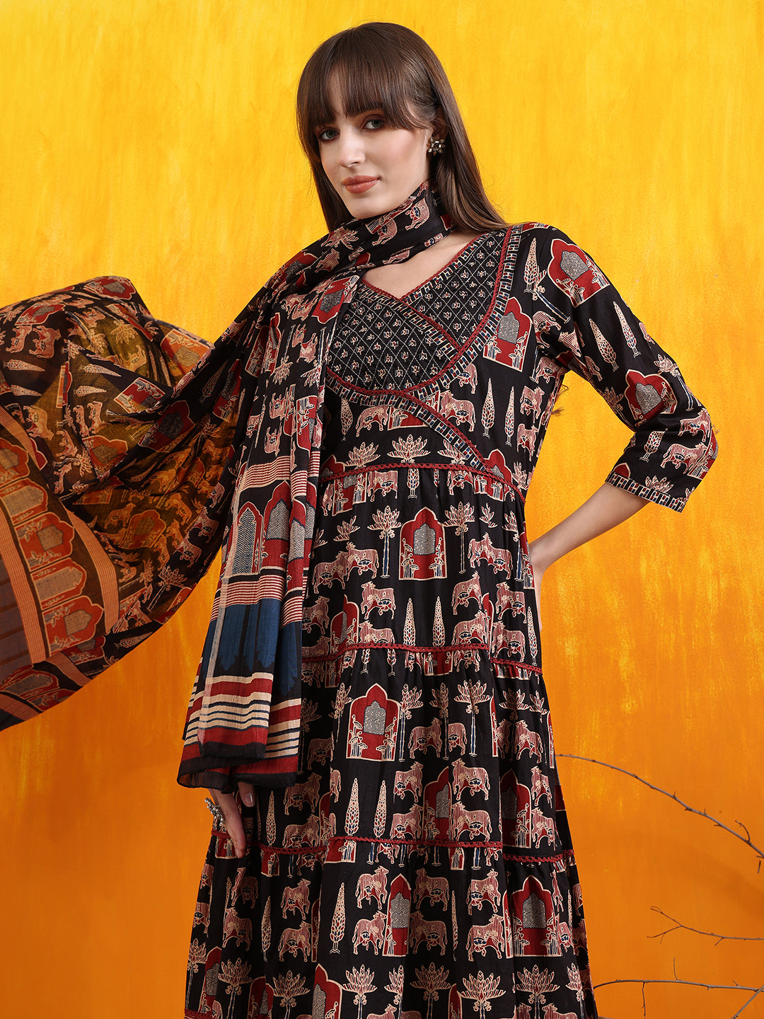 Printed Designer Neck flared anarkali kurta with pant & Dupatta