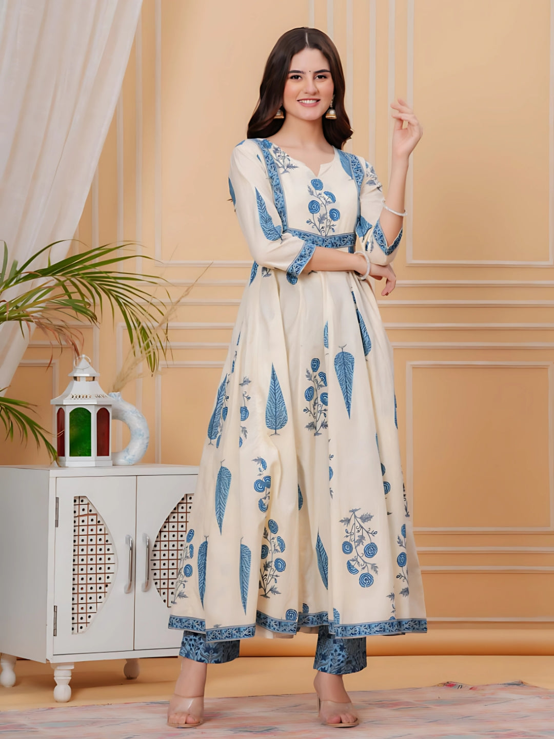 Printed Designer Neck flared anarkali kurta with pant & Dupatta