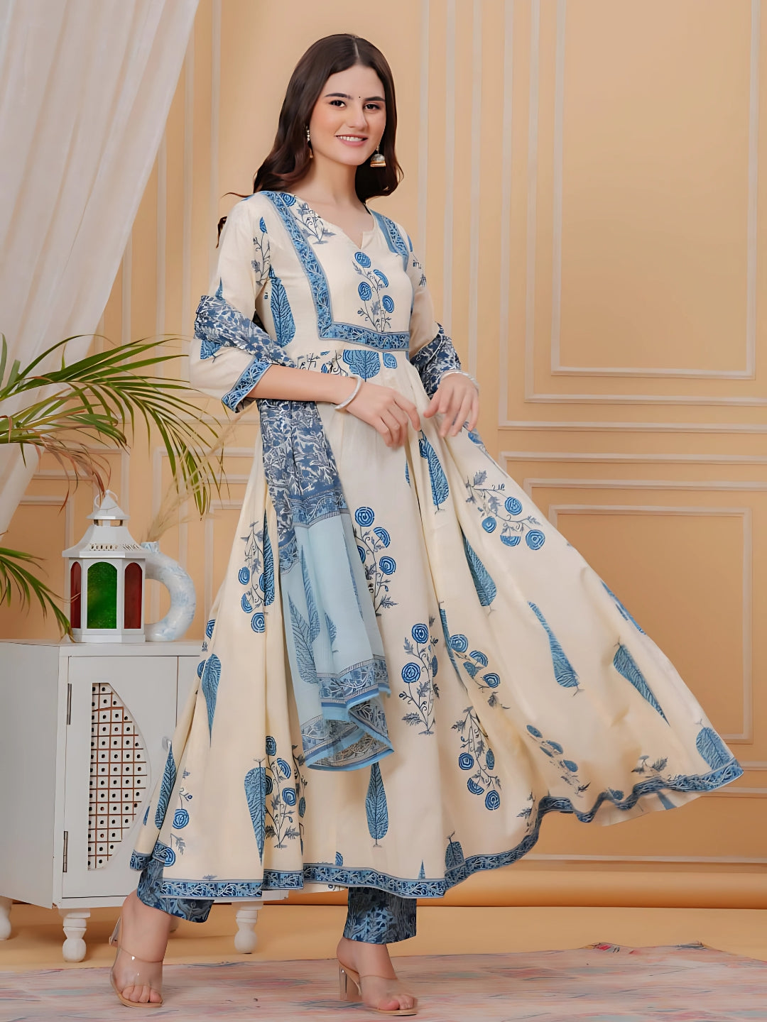 Printed Designer Neck flared anarkali kurta with pant & Dupatta