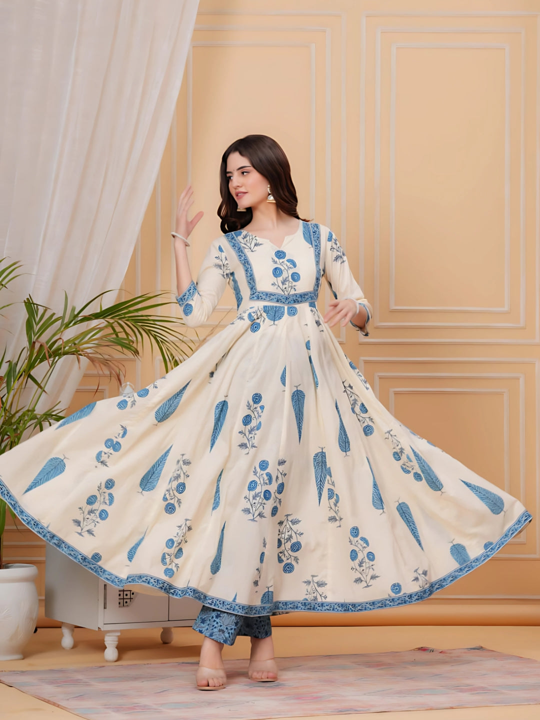 Printed Designer Neck flared anarkali kurta with pant & Dupatta