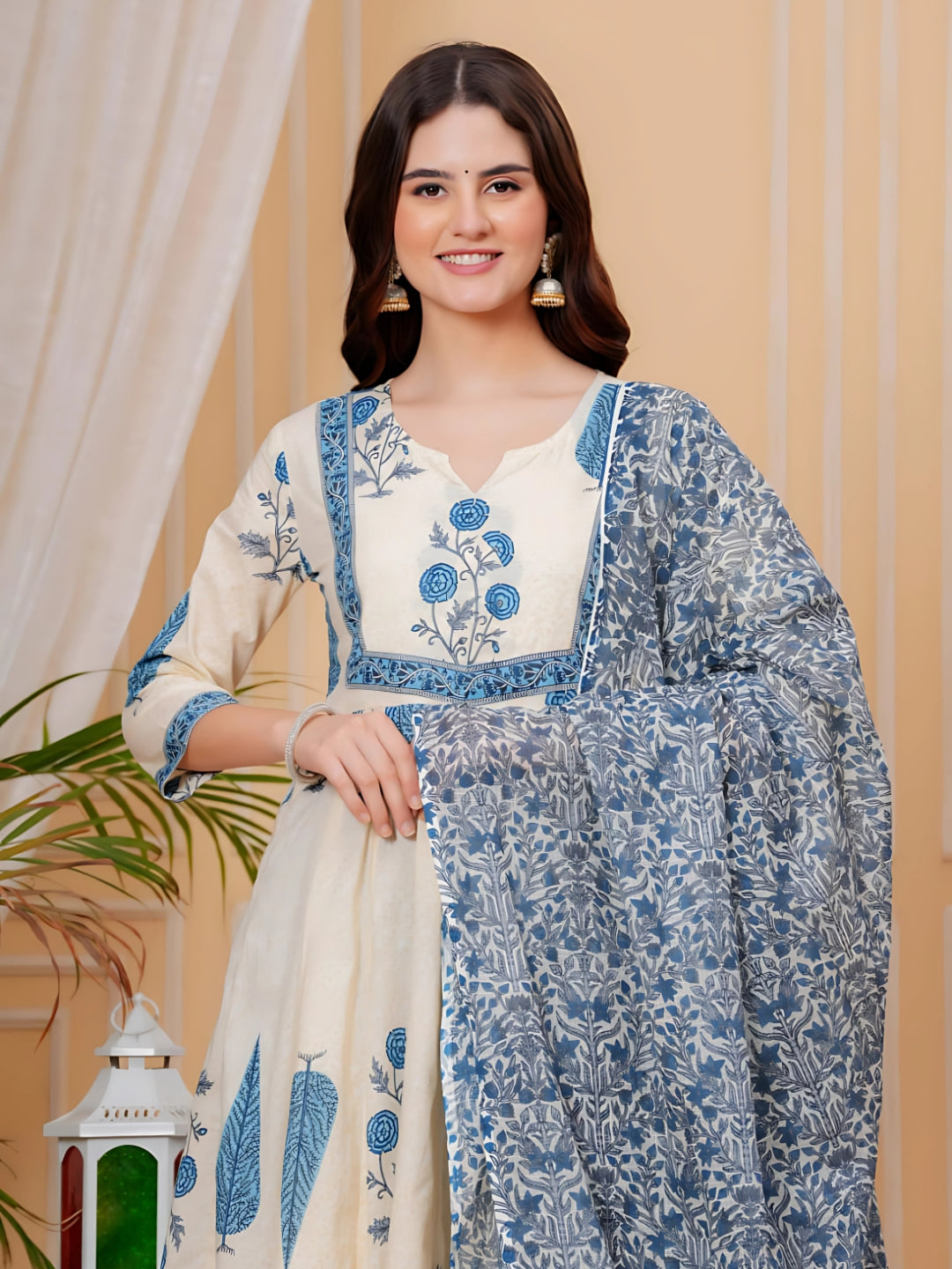 Printed Designer Neck flared anarkali kurta with pant & Dupatta