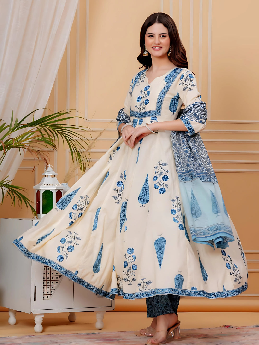 Printed Designer Neck flared anarkali kurta with pant & Dupatta