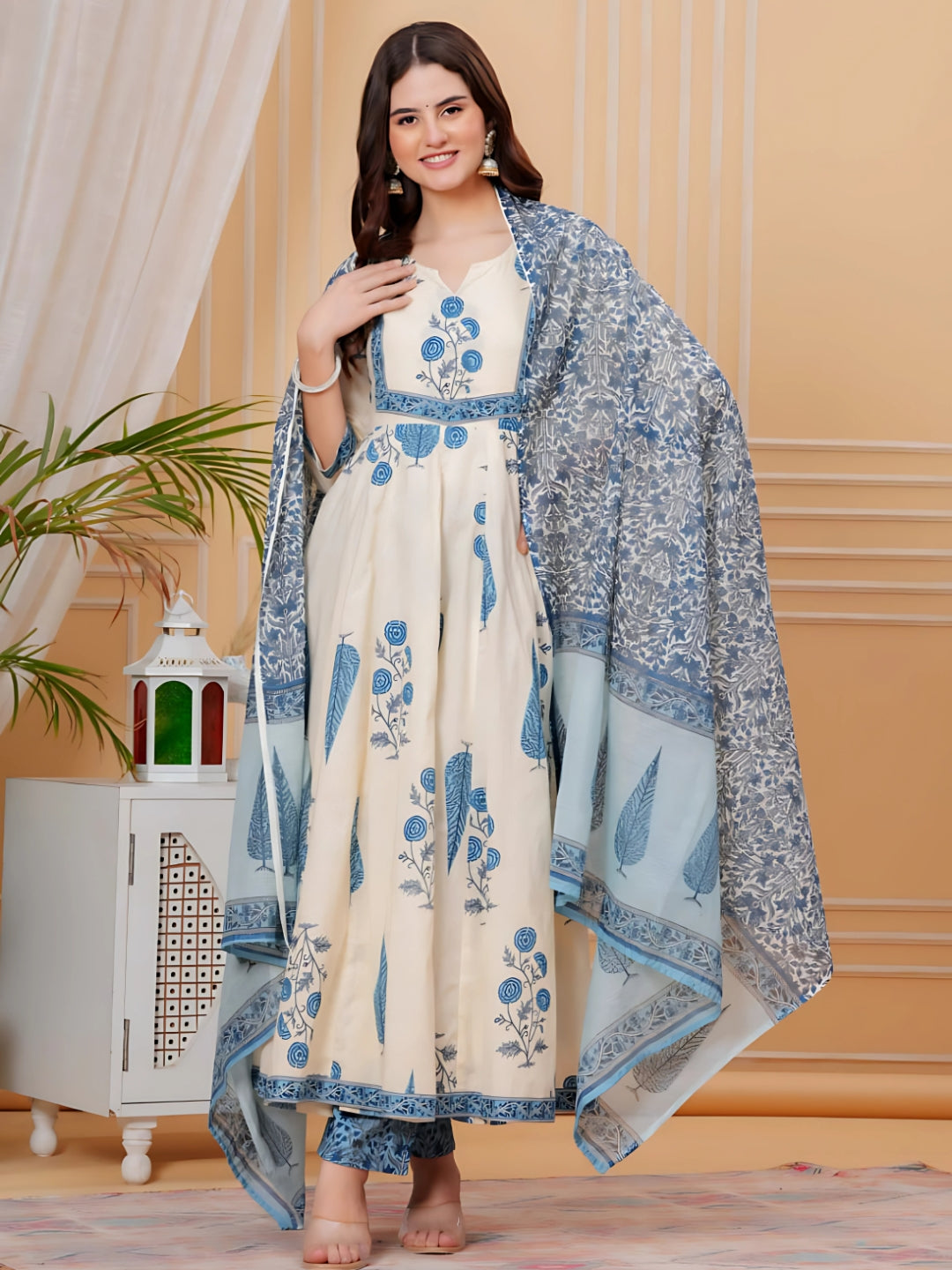 Printed Designer Neck flared anarkali kurta with pant & Dupatta