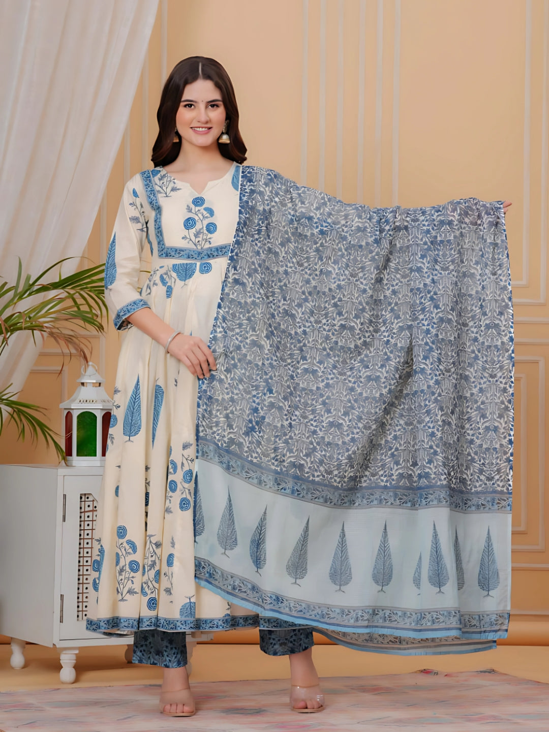 Printed Designer Neck flared anarkali kurta with pant & Dupatta