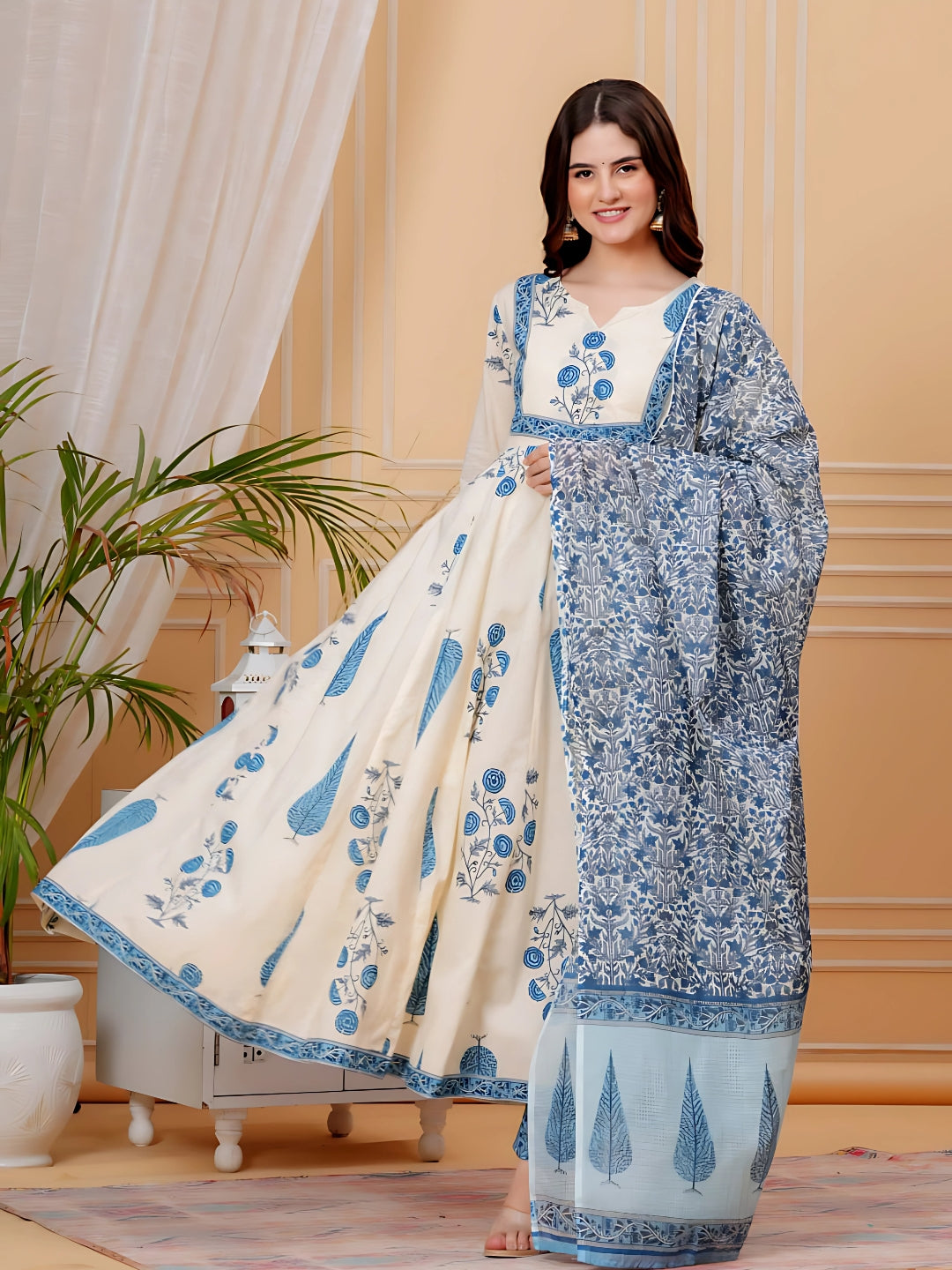 Printed Designer Neck flared anarkali kurta with pant & Dupatta