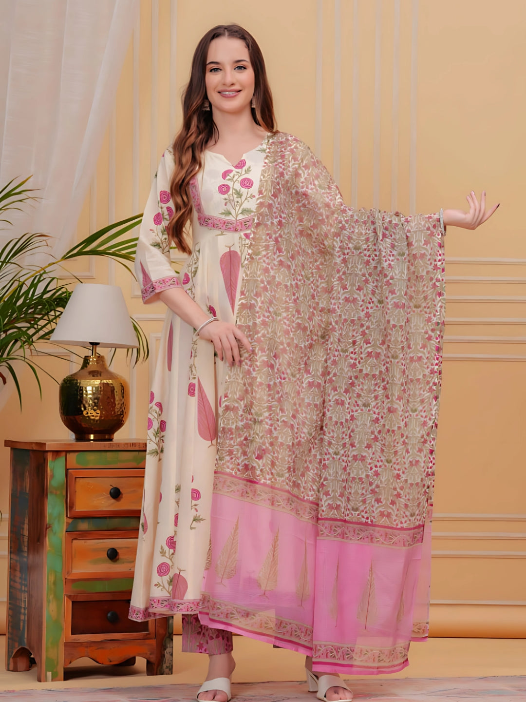 Printed Designer Neck flared anarkali kurta with pant & Dupatta