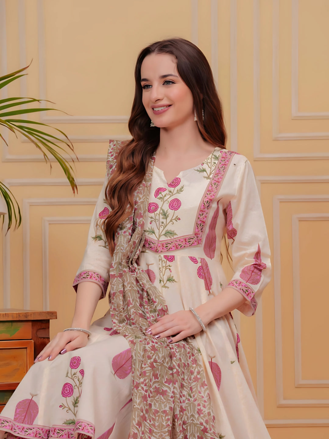 Printed Designer Neck flared anarkali kurta with pant & Dupatta