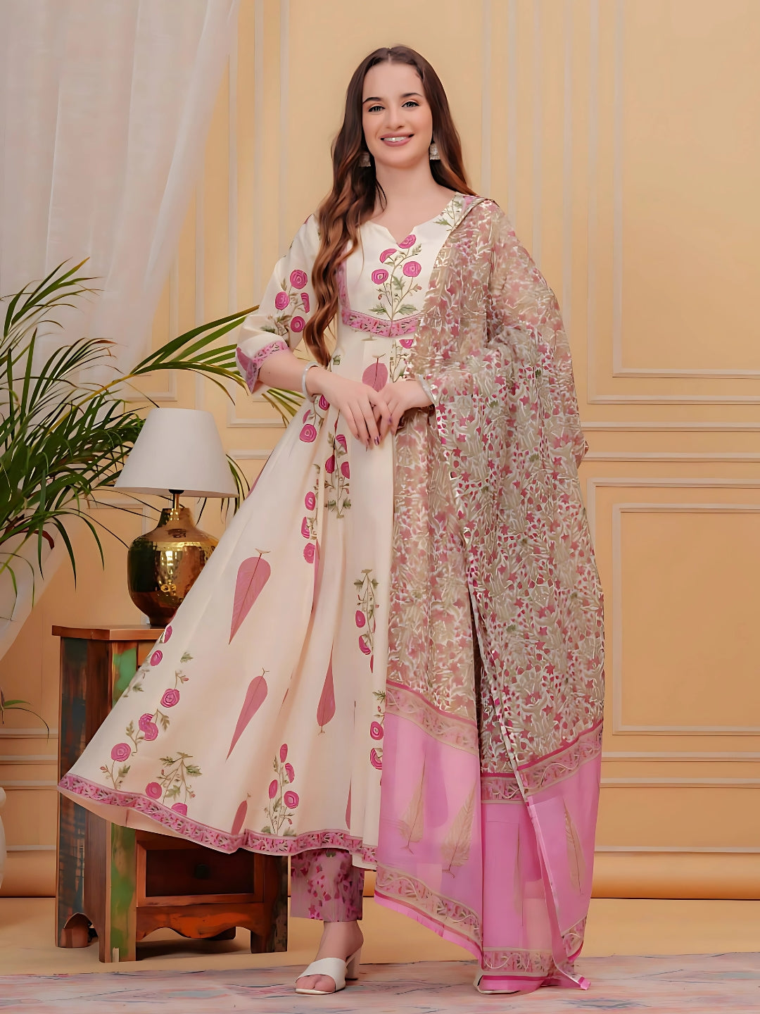 Printed Designer Neck flared anarkali kurta with pant & Dupatta