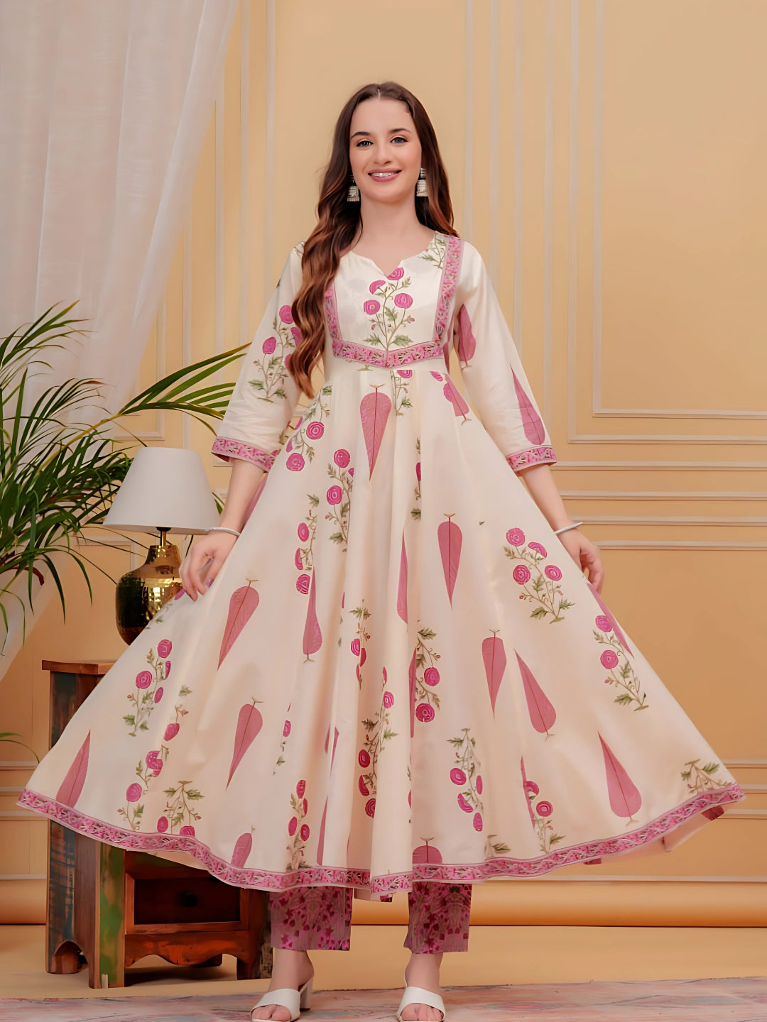 Printed Designer Neck flared anarkali kurta with pant & Dupatta