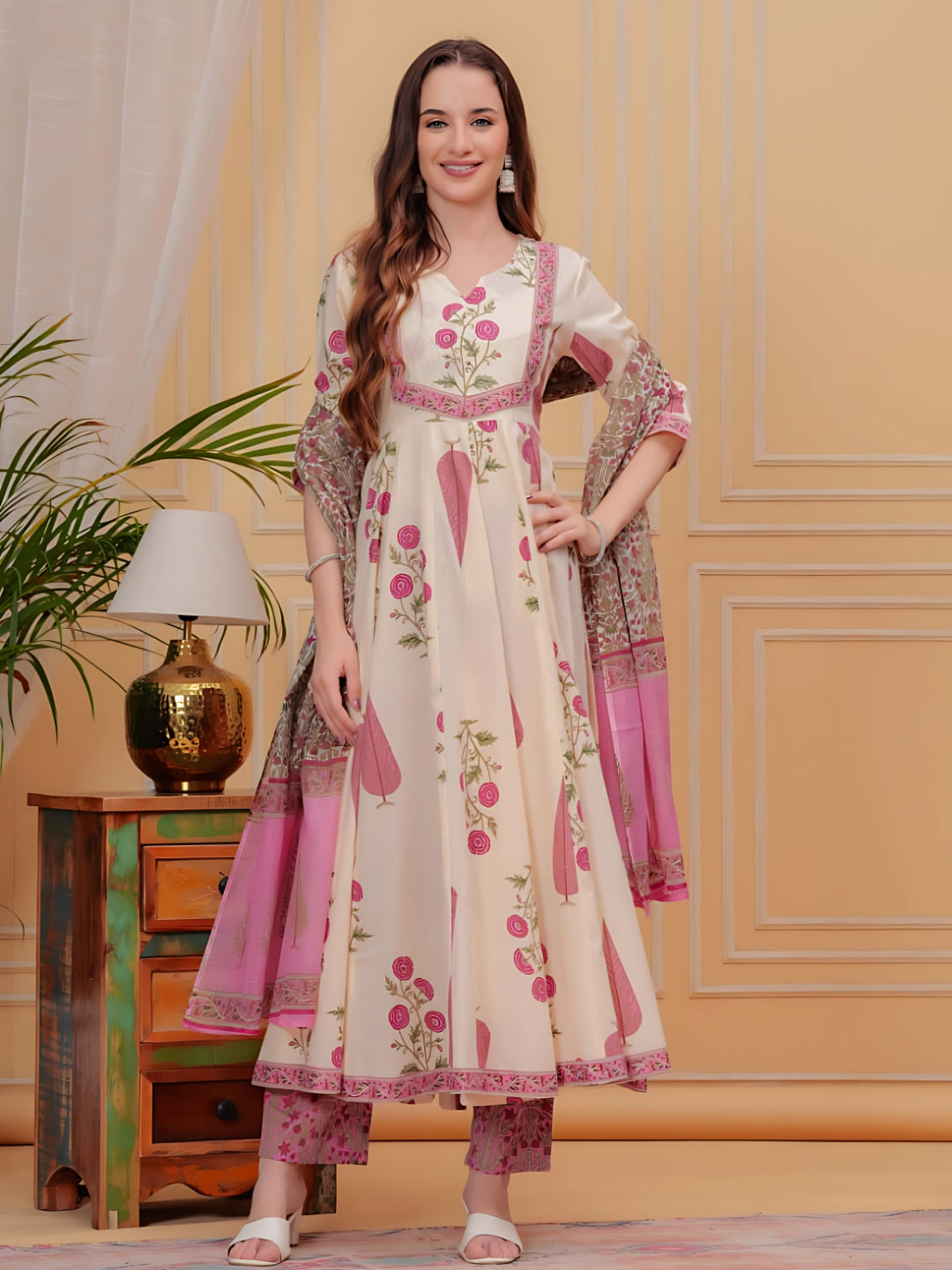 Printed Designer Neck flared anarkali kurta with pant & Dupatta