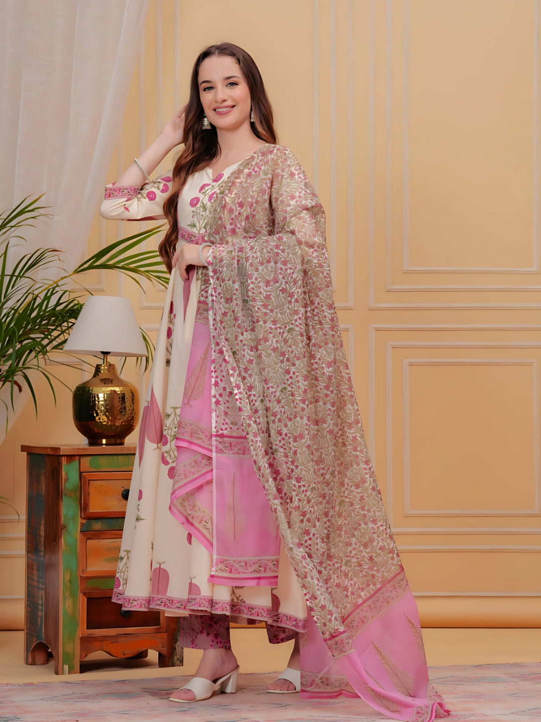 Printed Designer Neck flared anarkali kurta with pant & Dupatta