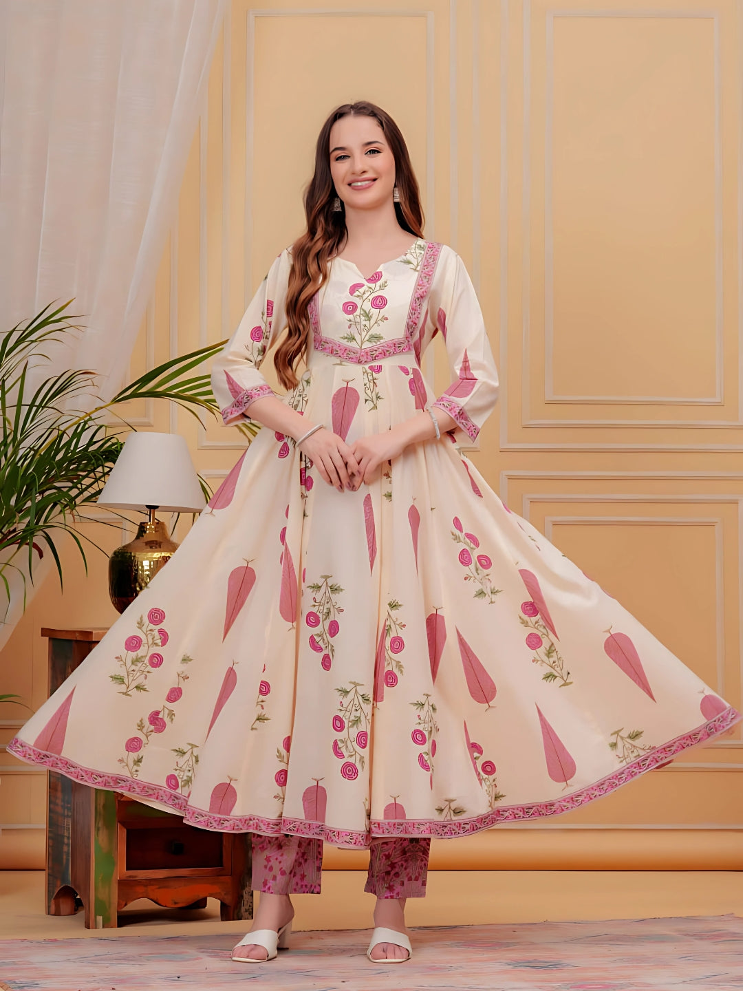 Printed Designer Neck flared anarkali kurta with pant & Dupatta