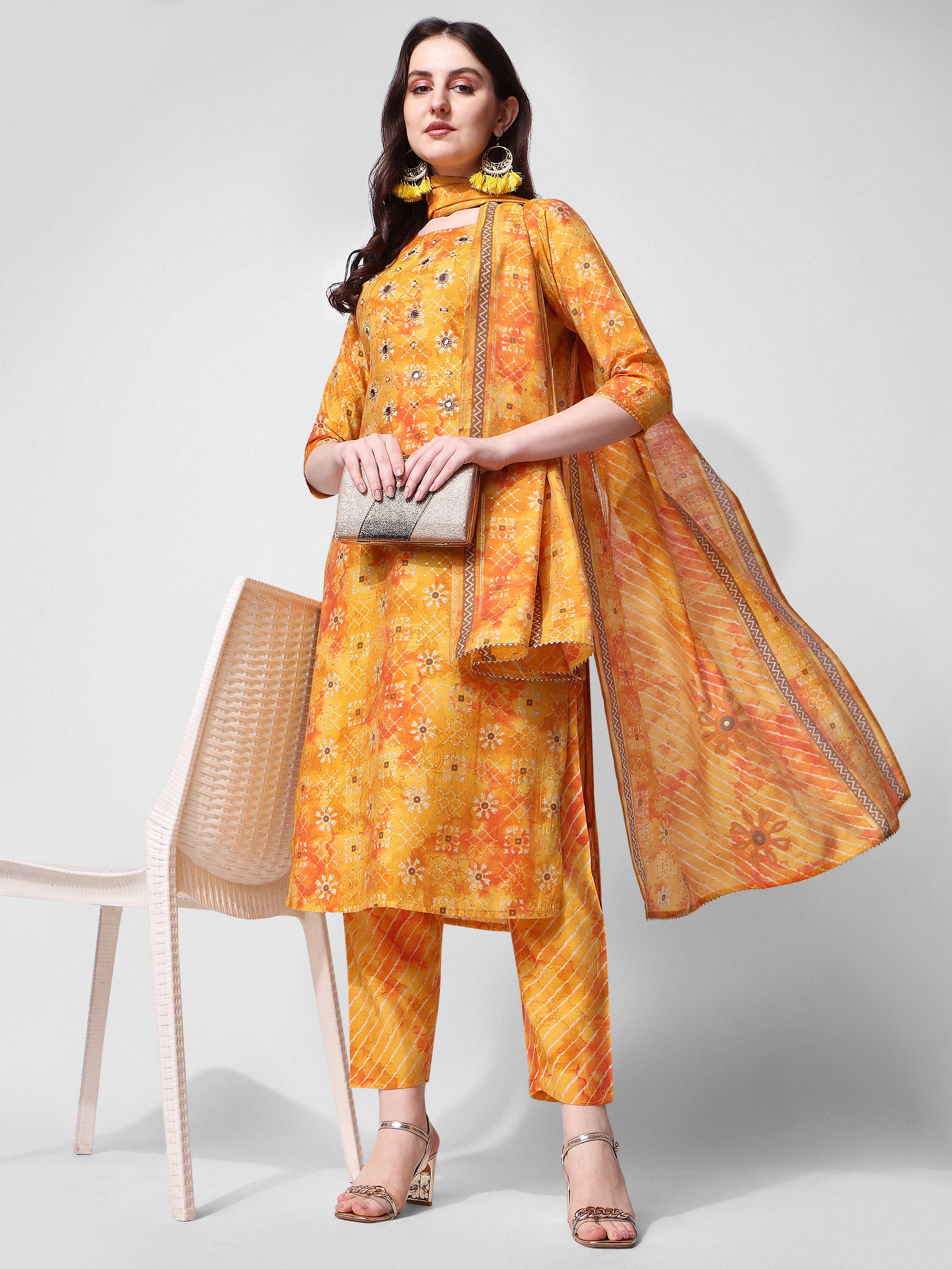 Printed & embroidered kurta with pant & dupatta set