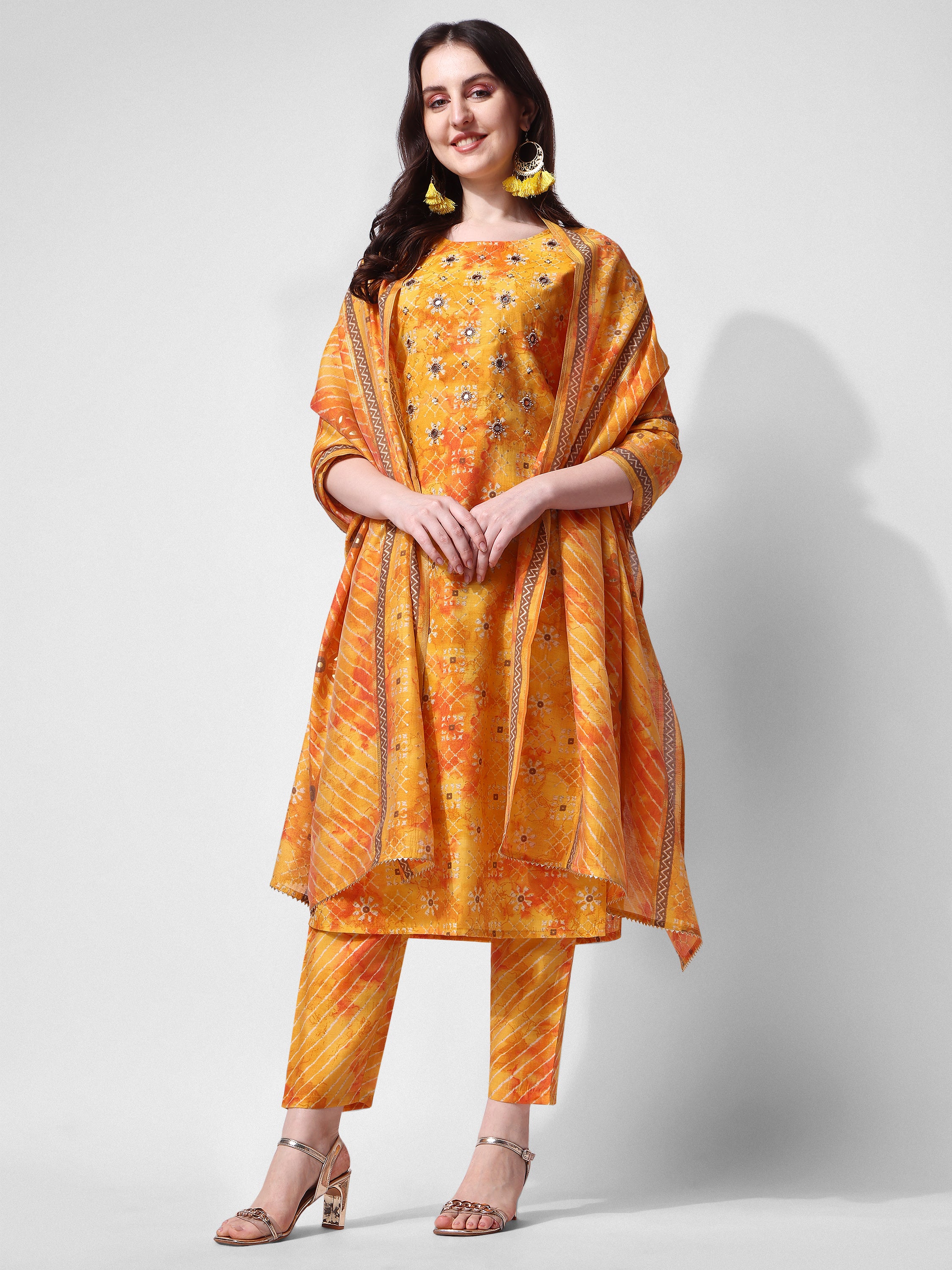 Printed & embroidered kurta with pant & dupatta set