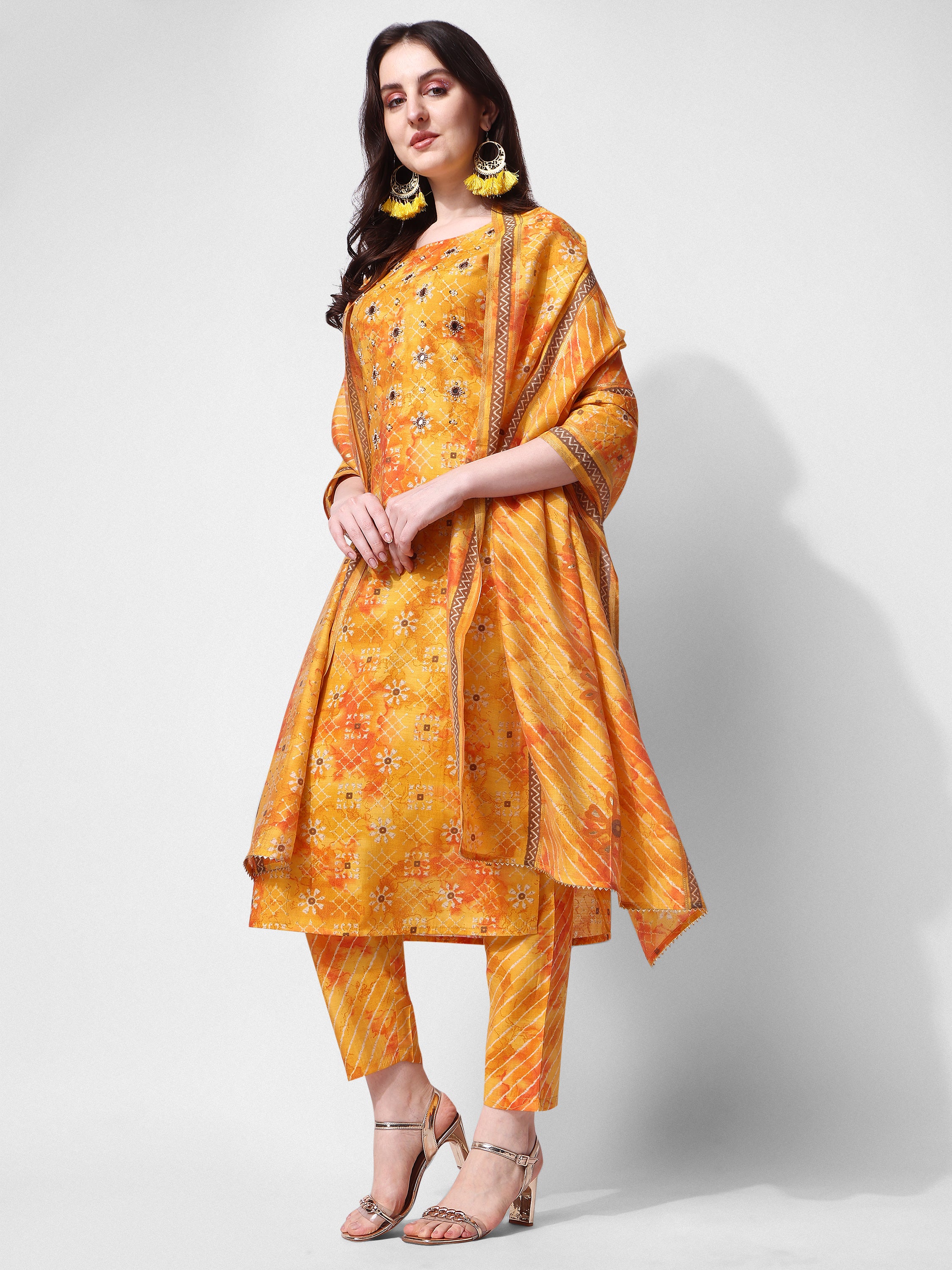 Printed & embroidered kurta with pant & dupatta set