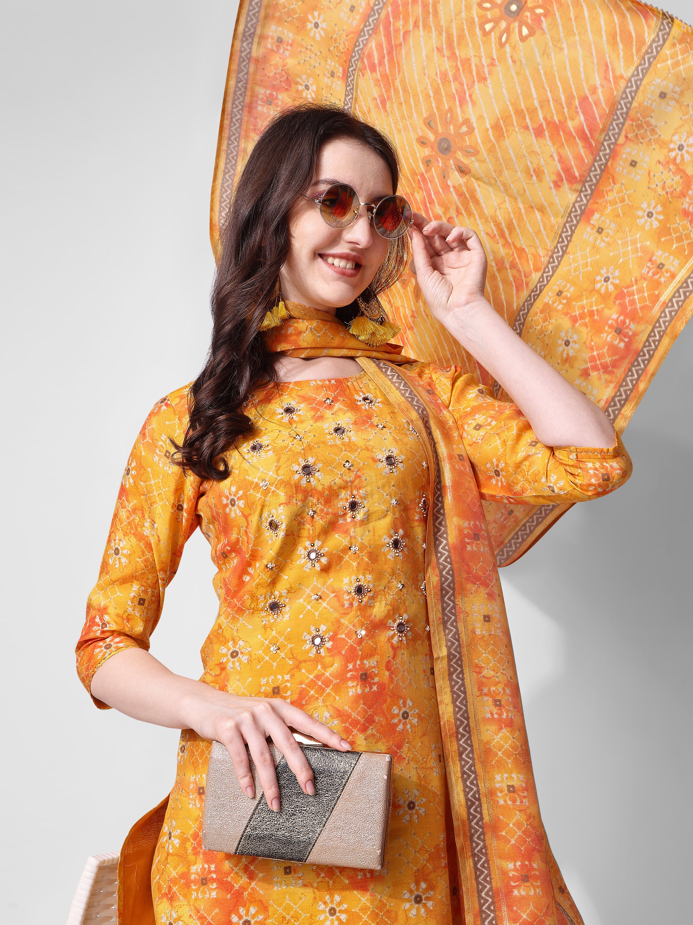 Printed & embroidered kurta with pant & dupatta set